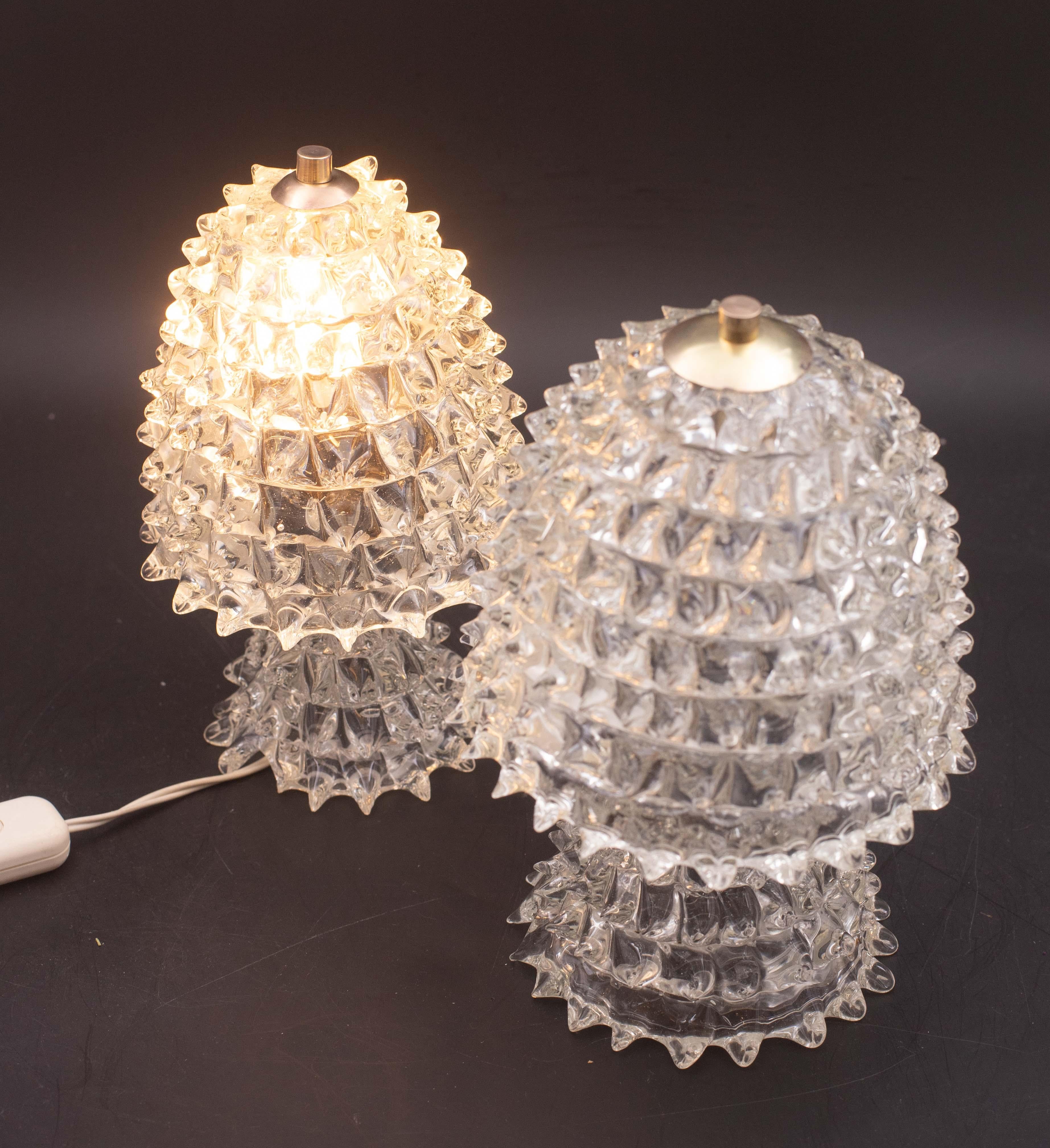 Art Deco Set of 2 Table Lamp in Rostrato Murano Glass Vase for Barovier & Toso, 1940 For Sale
