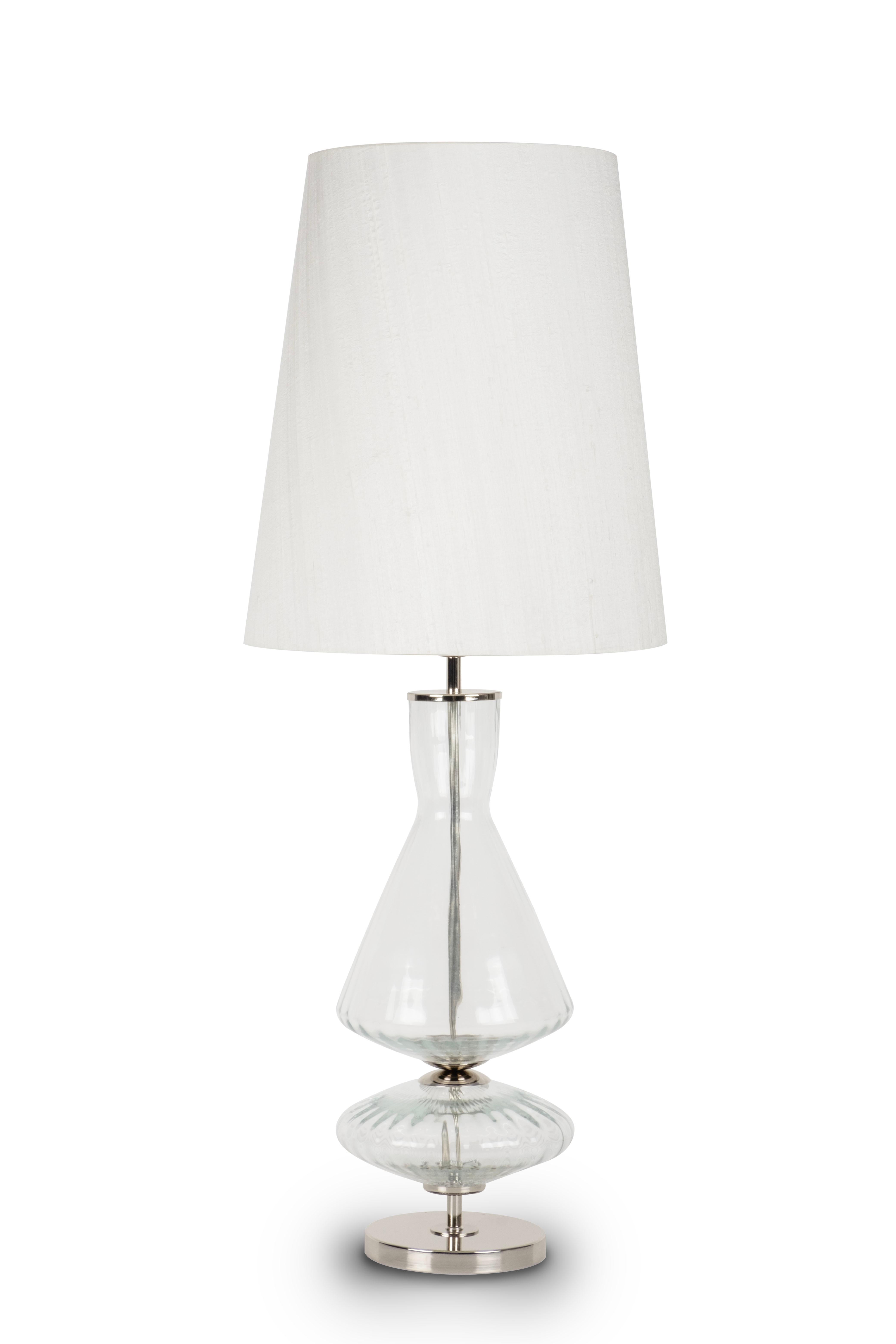 Contemporary Set/2 Modern Table Lamps, Glass Base, Silk Lampshade, Handmade by Greenapple For Sale
