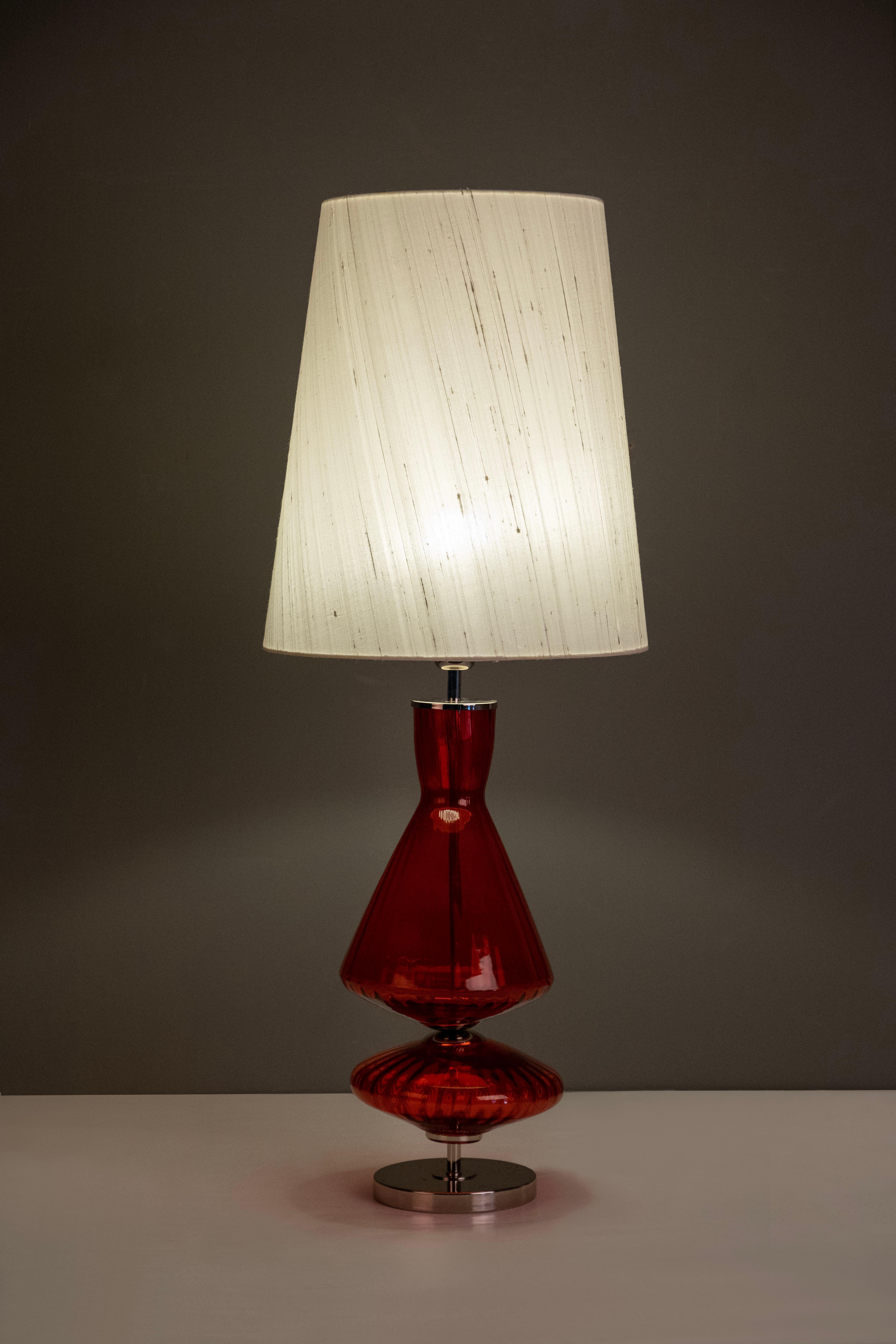Set/2 Modern Table Lamps, Glass Base, Silk Lampshade, Handcrafted in Portugal - Europe by GF Modern.

This is an elegant table lamp and an attractive addition to a modern home. The red glass and polished stainless steel gracefully combine with the