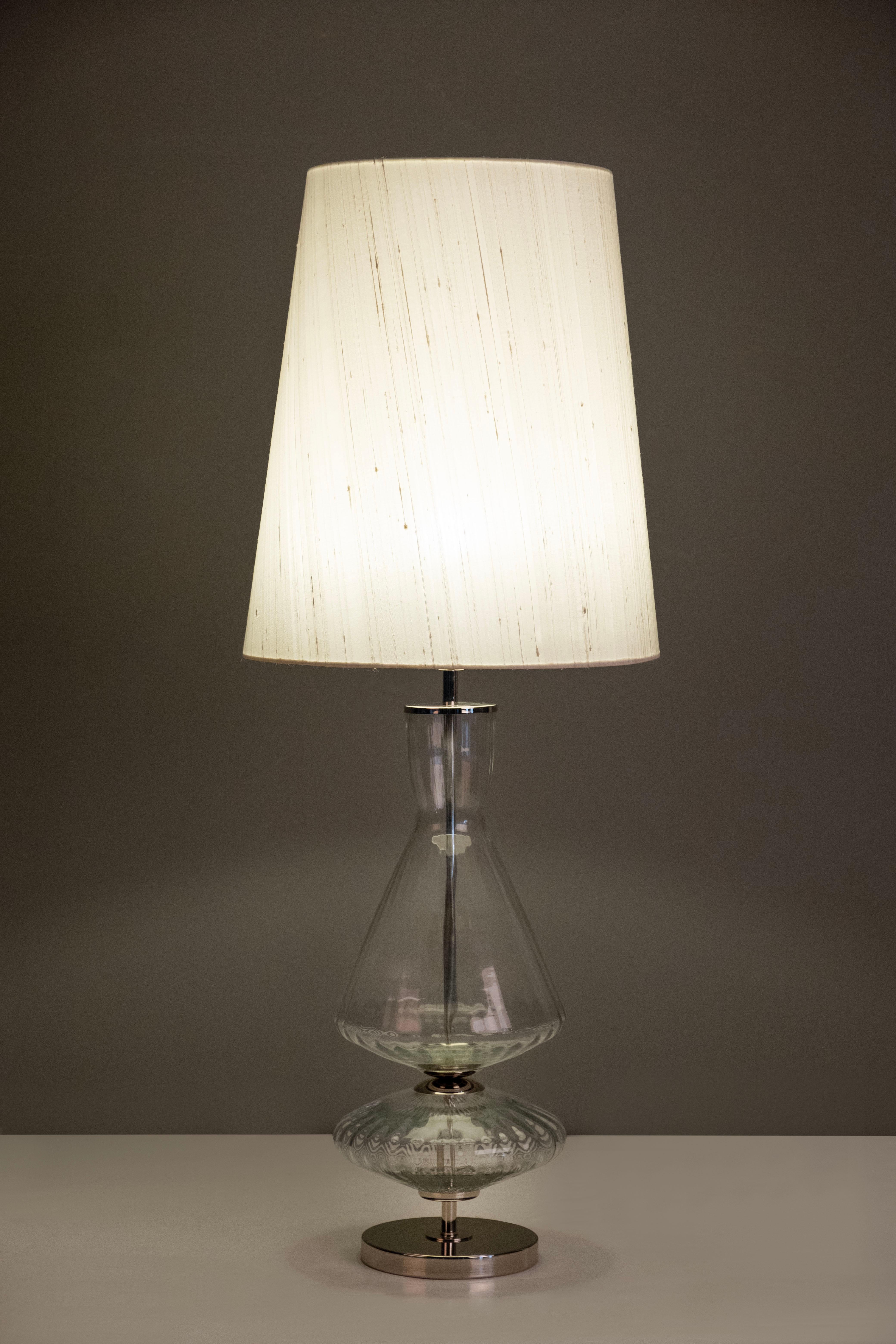 Set/2 Modern Table Lamps, Glass Base, Silk Lampshade, Handcrafted in Portugal - Europe by GF Modern.

This is an elegant table lamp and an attractive addition to a modern home. The clear glass and polished stainless steel gracefully combine with the