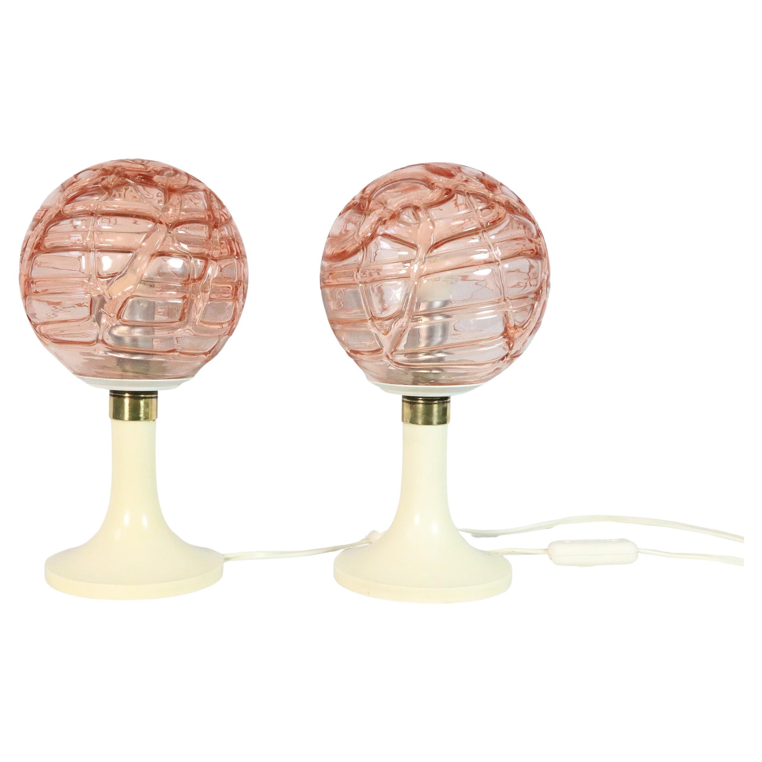 2er-Set Tischlampen von DORIA, Deutschland, Rosa Glaskugeln, Original 1970er im Angebot
