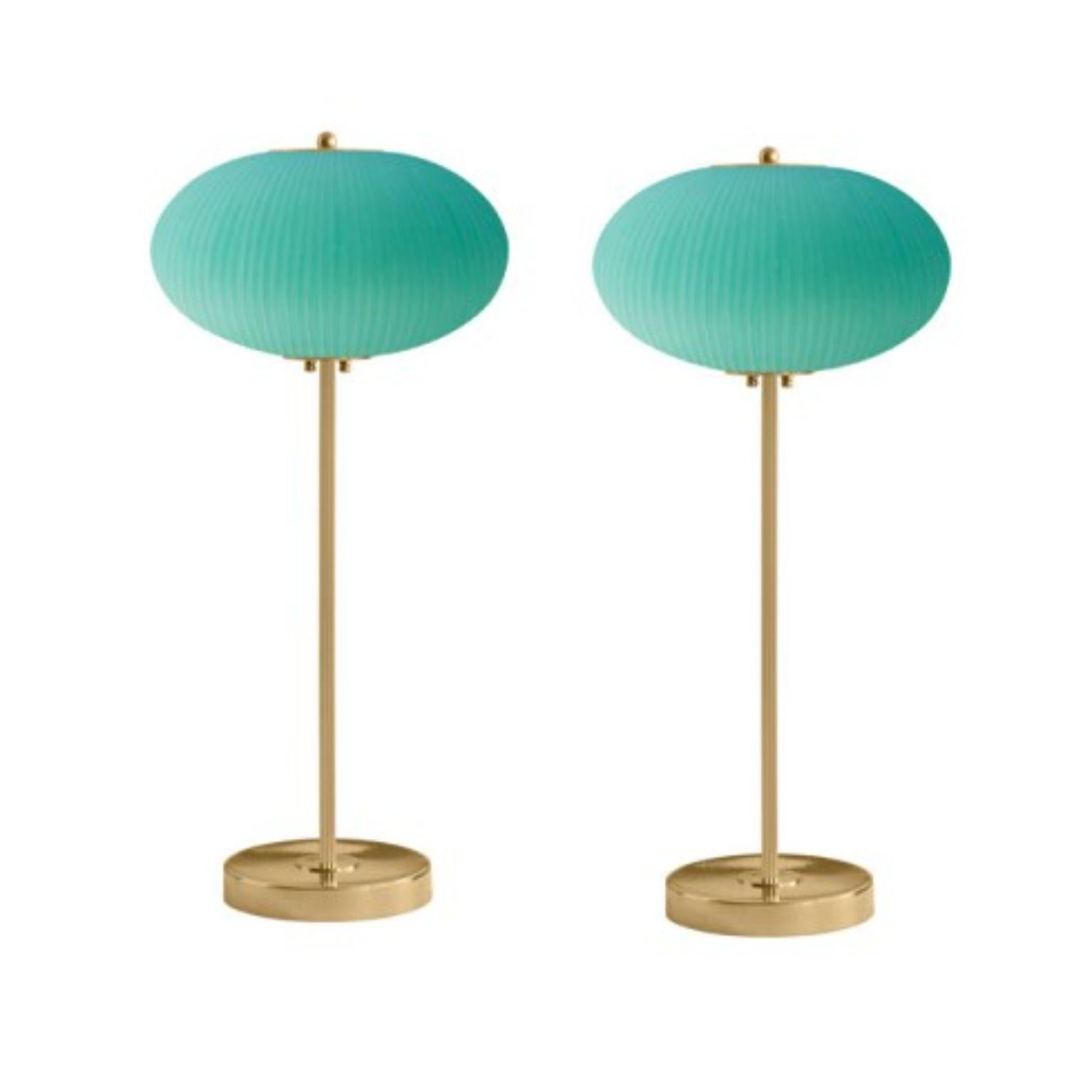 Table lamp China 07 by Magic Circus Editions
Dimensions: H 70 x W 32 x D 32 cm
Materials: Brass, mouth blown glass sculpted with a diamond saw
Colour: jade green

Available finishes: Brass, nickel
Available colours: enamel soft white, soft