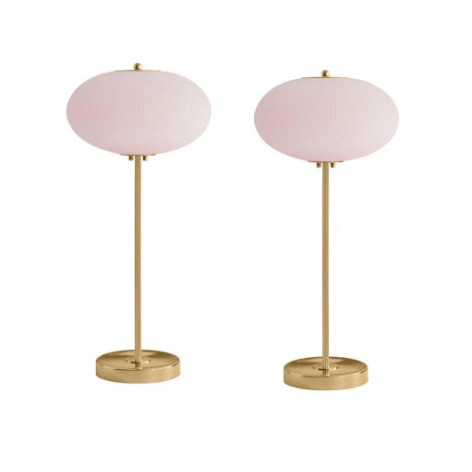 Table lamp China 07 by Magic Circus Editions
Dimensions: H 70 x W 32 x D 32 cm
Materials: Brass, mouth blown glass sculpted with a diamond saw
Colour: soft rose

Available finishes: Brass, nickel
Available colours: enamel soft white, soft