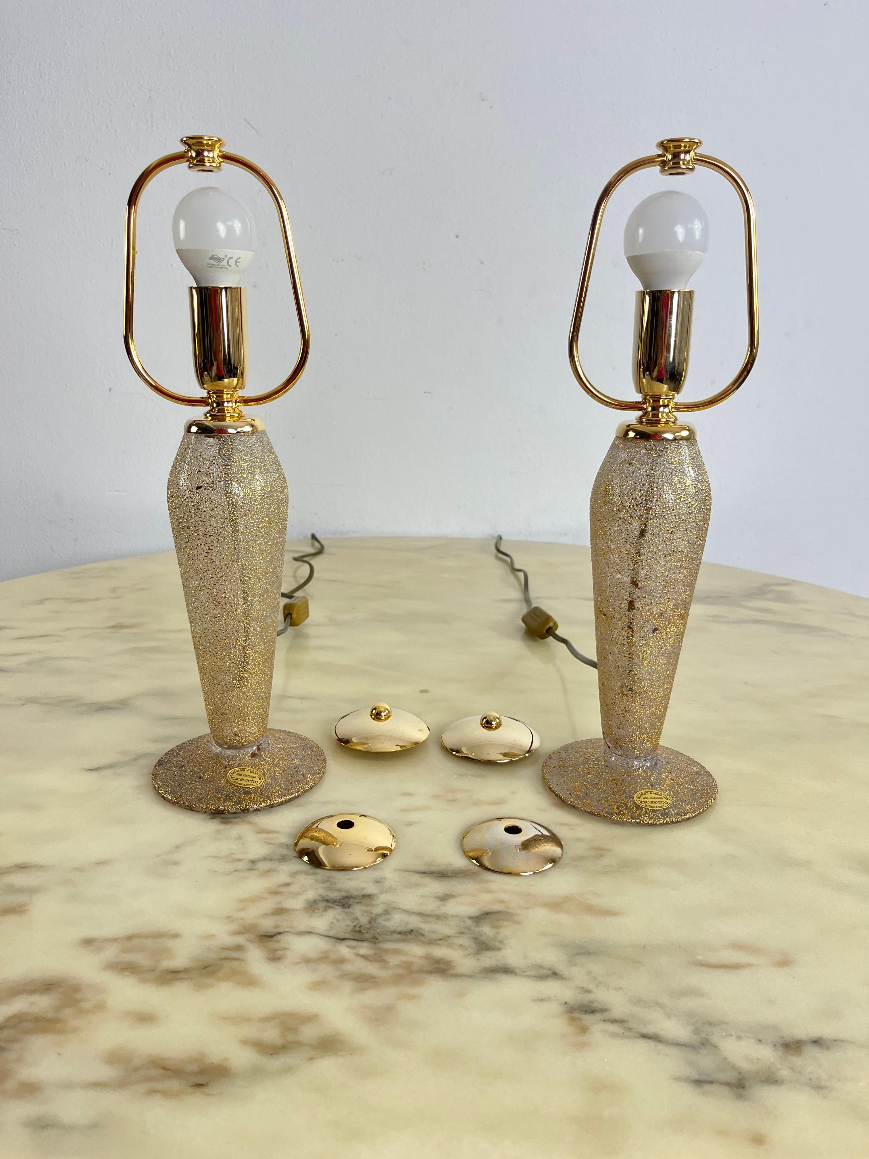 Ensemble de 2 lampes de table en verre soufflé à la bouche et décoré à la main d'or pur 1980 en vente 4