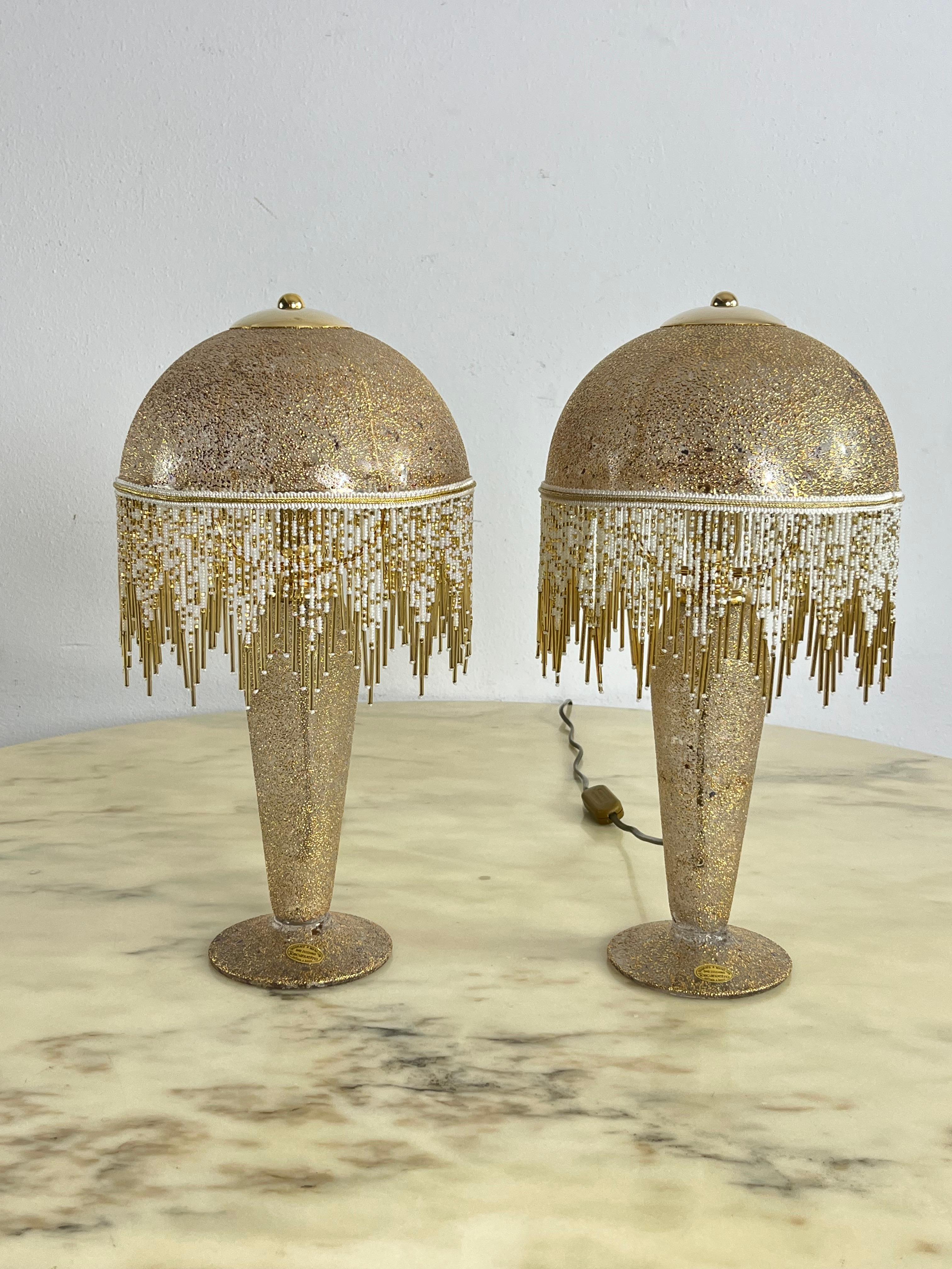 Ensemble de 2 lampes de table en verre soufflé à la bouche et décoré à la main d'or pur 1980 en vente 1