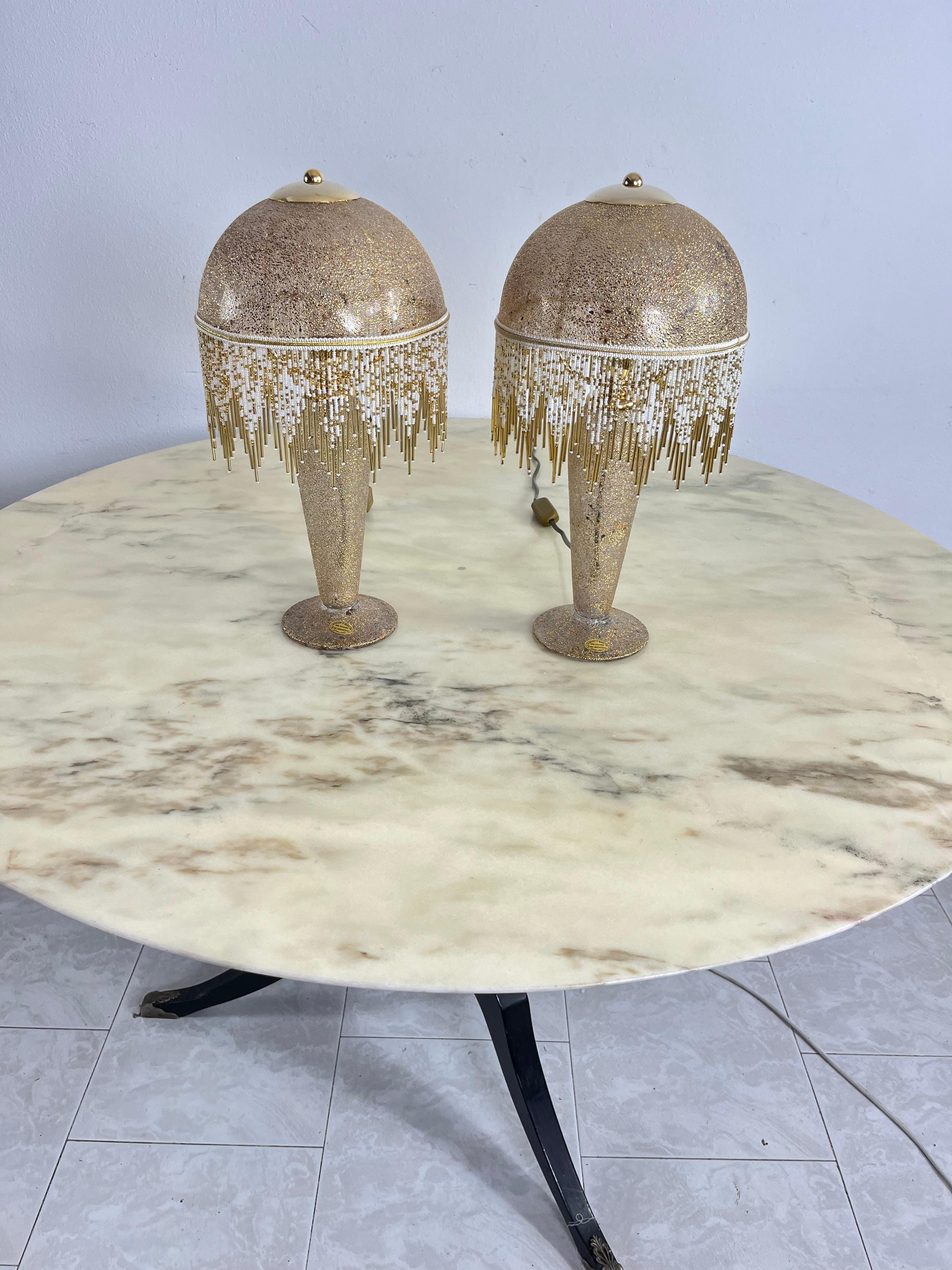Ensemble de 2 lampes de table en verre soufflé à la bouche et décoré à la main d'or pur 1980 en vente 2