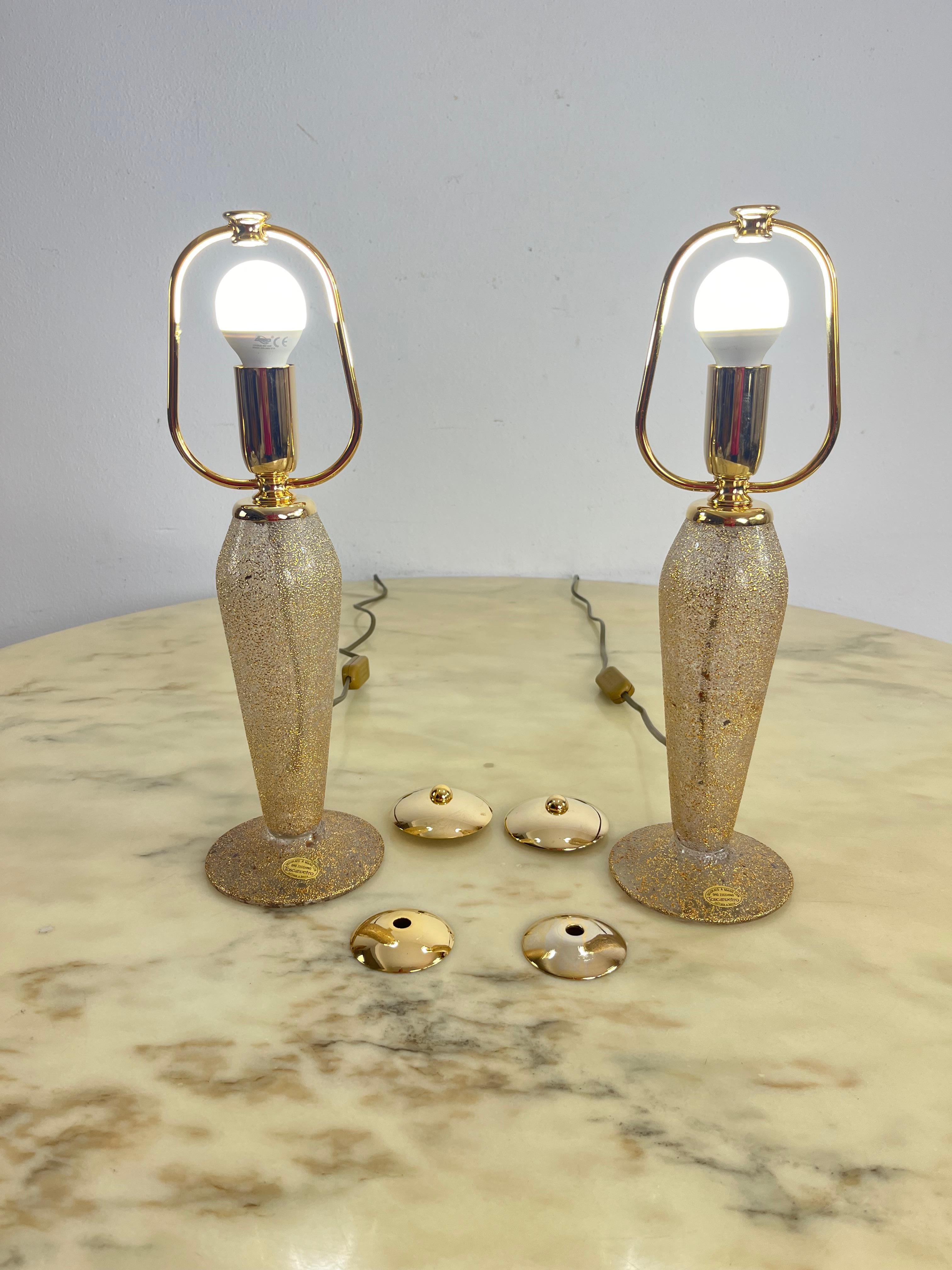 Ensemble de 2 lampes de table en verre soufflé à la bouche et décoré à la main d'or pur 1980 en vente 3