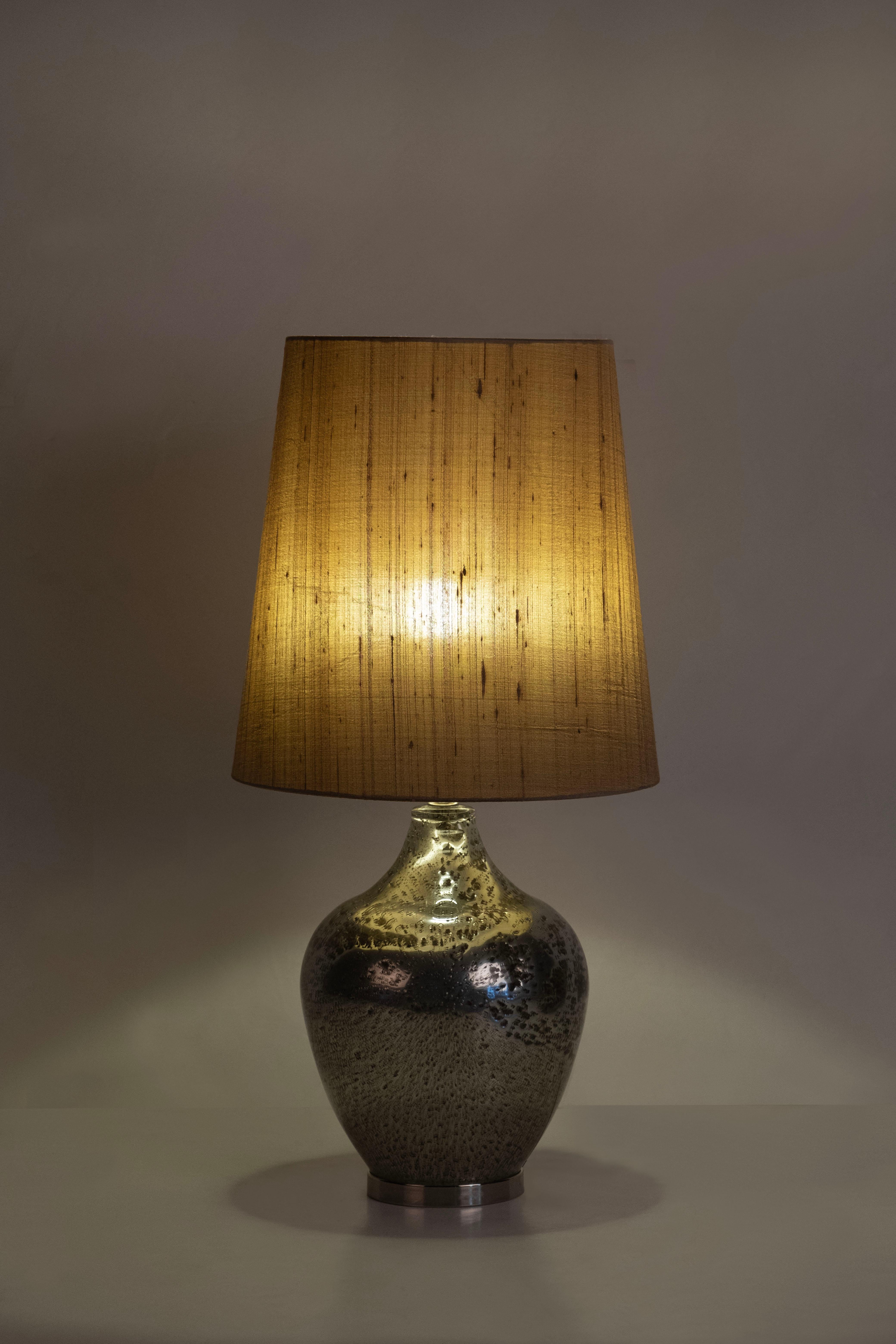 Set/2 Modern Table Lamps, Glass Base, Silk Lampshade, Handcrafted in Portugal - Europe by GF Modern.

This is an elegant table lamp and an attractive addition to a modern home. The mirrored glass and polished stainless steel gracefully combine with