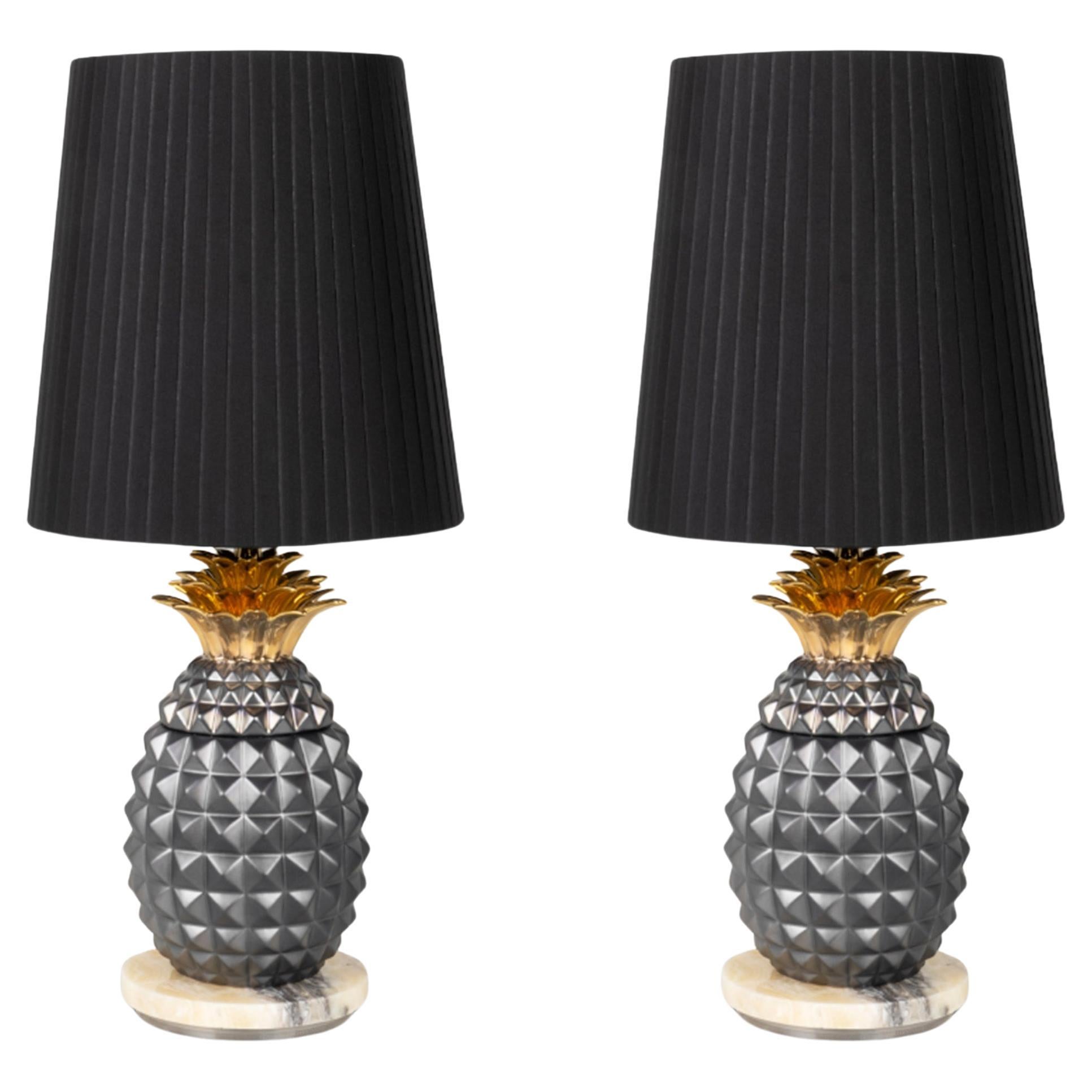 Set di 2 lampade da tavolo, lampada da tavolo Morais, paralume nero, fatta a mano in Portogallo