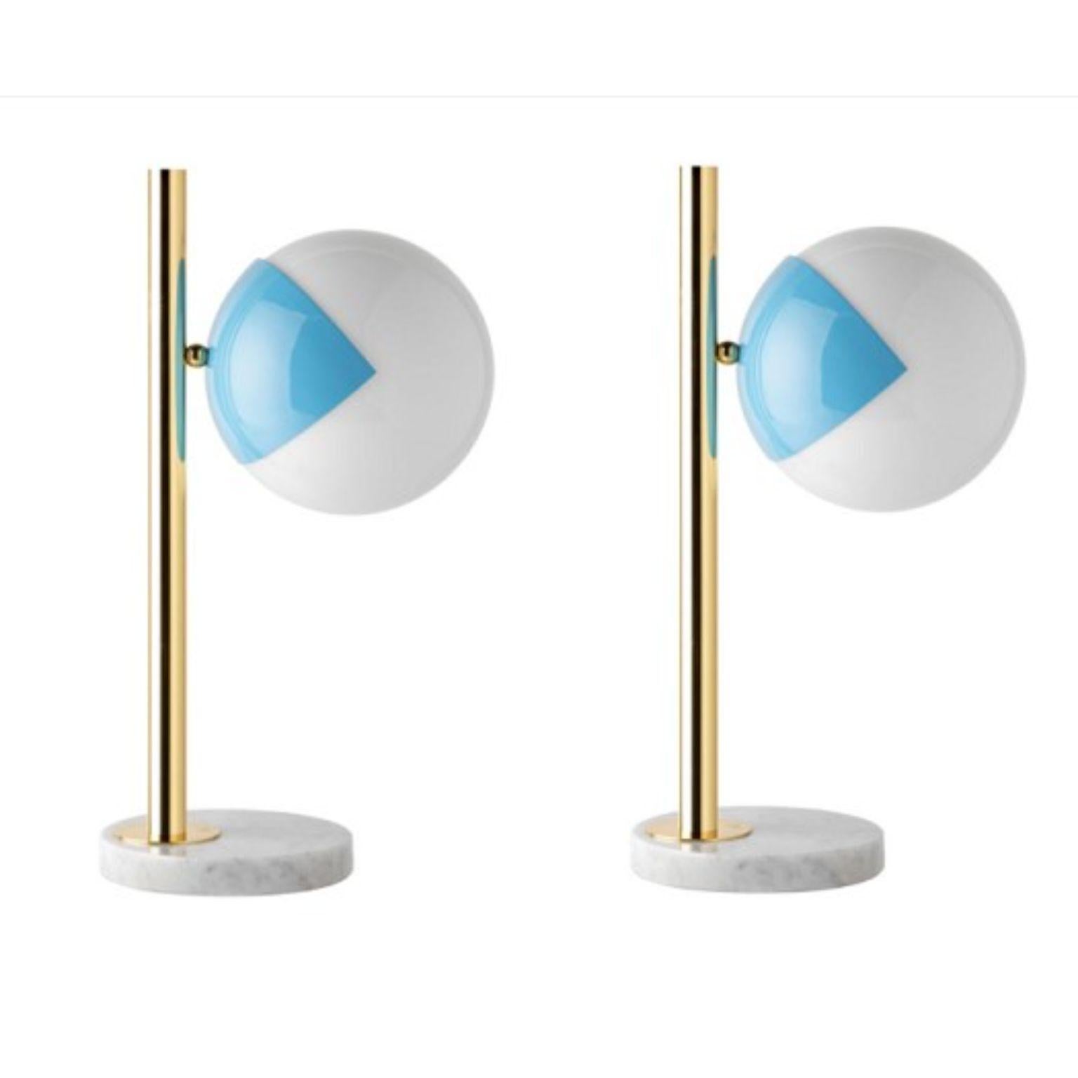 Table lamp pop-up dimmable by Magic Circus Editions
Dimensions: Ø 22 x 30 x 53 cm 
Materials: Carrara marble base, smooth brass tube, glossy mouth blown glass
Also non-dimmable version available.

All our lamps can be wired according to each