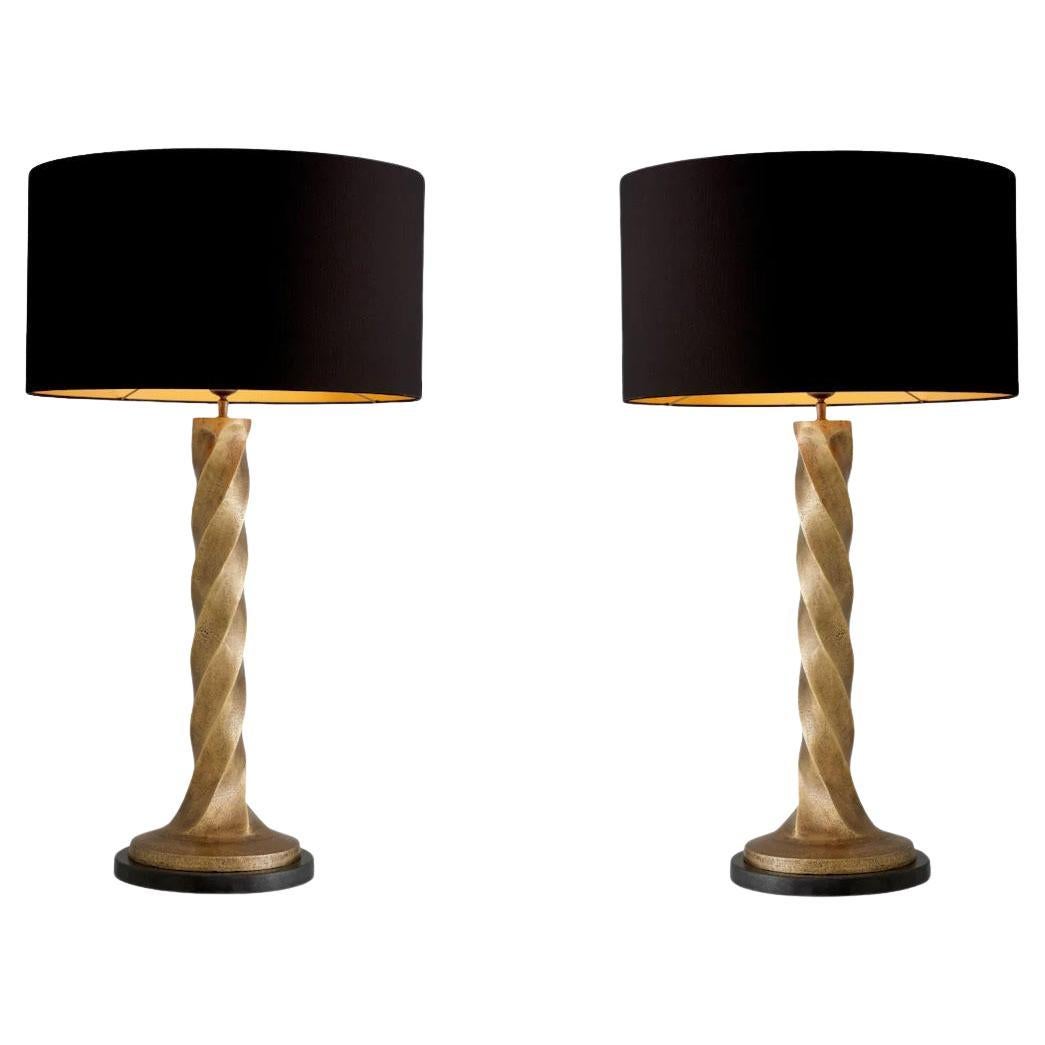 Satz von 2 Tischlampen, Vintage-Messing-Finish, schwarzer Granitsockel, einzigartiges Design. im Angebot