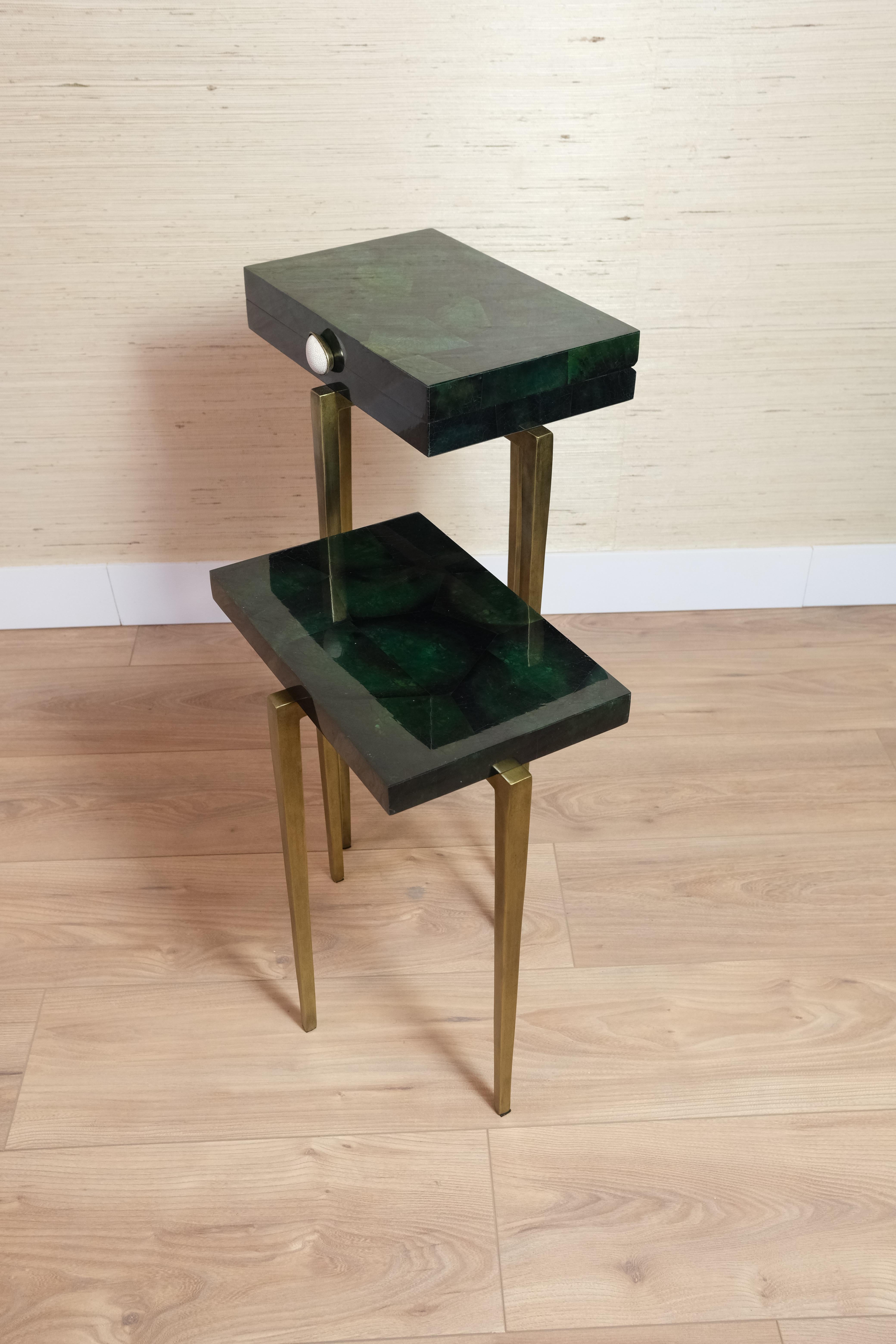 Art Deco Set of 2 tables in Green Marquetry by Ginger Brown For Sale