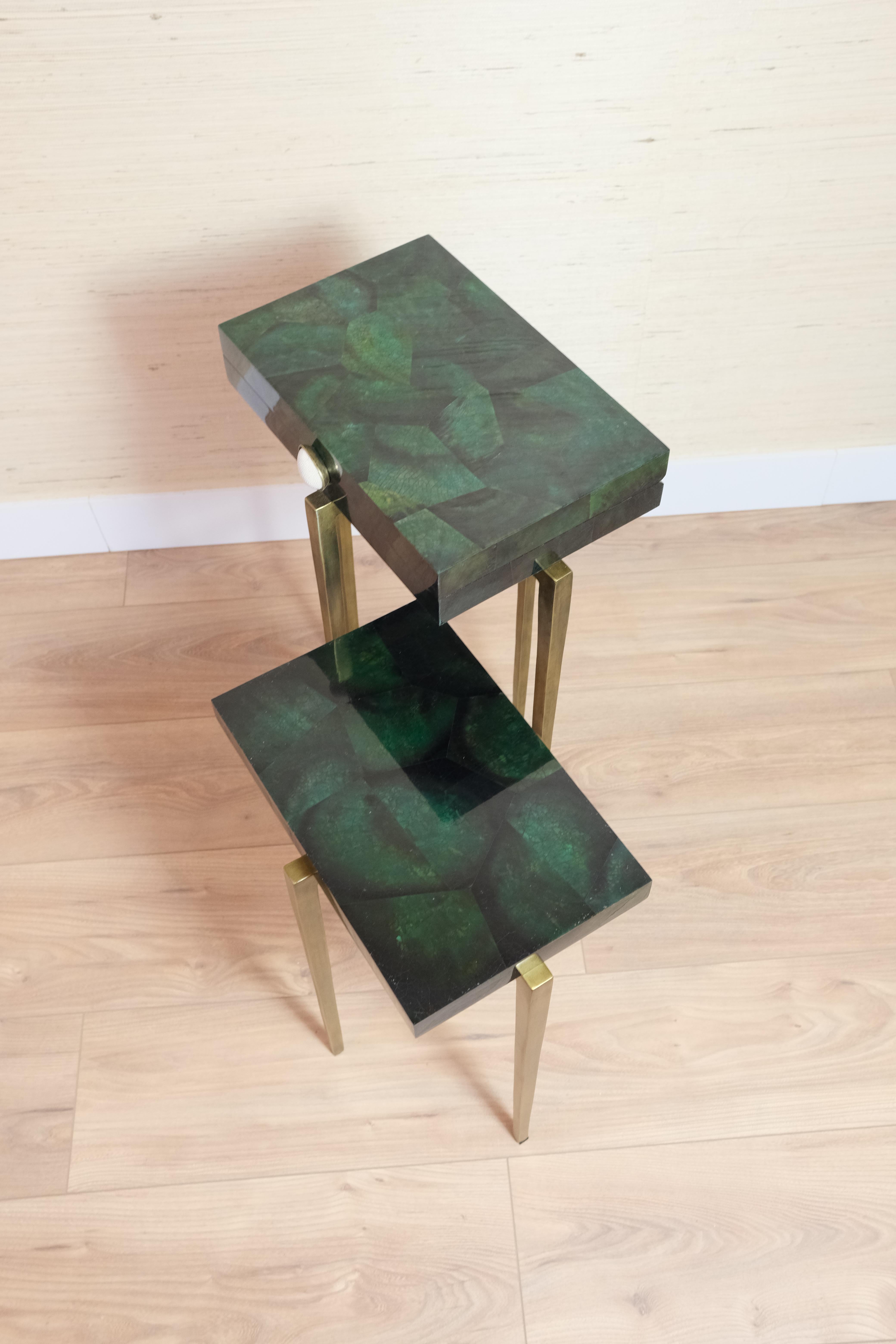 French Set of 2 tables in Green Marquetry by Ginger Brown For Sale