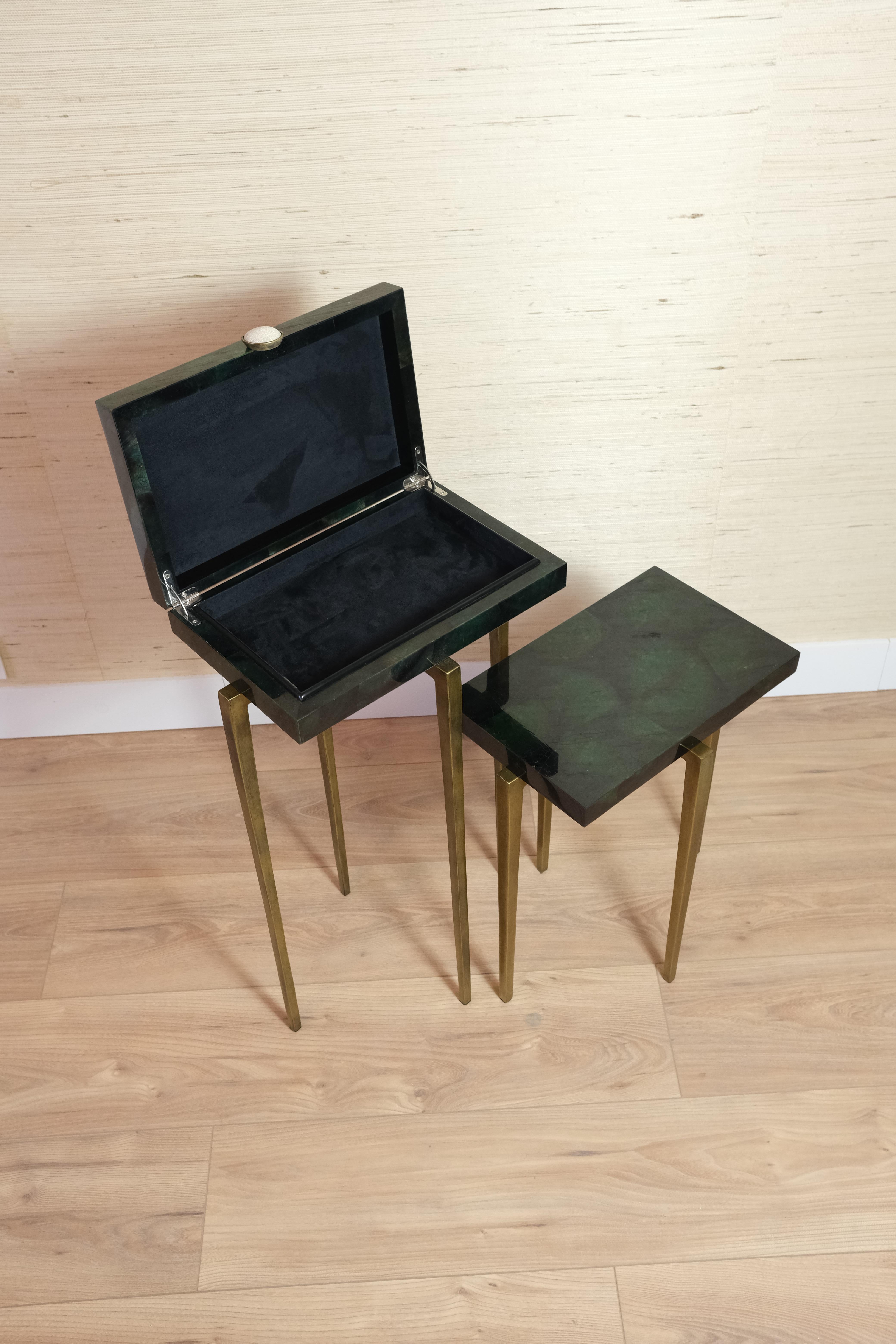 Brass Set of 2 tables in Green Marquetry by Ginger Brown For Sale