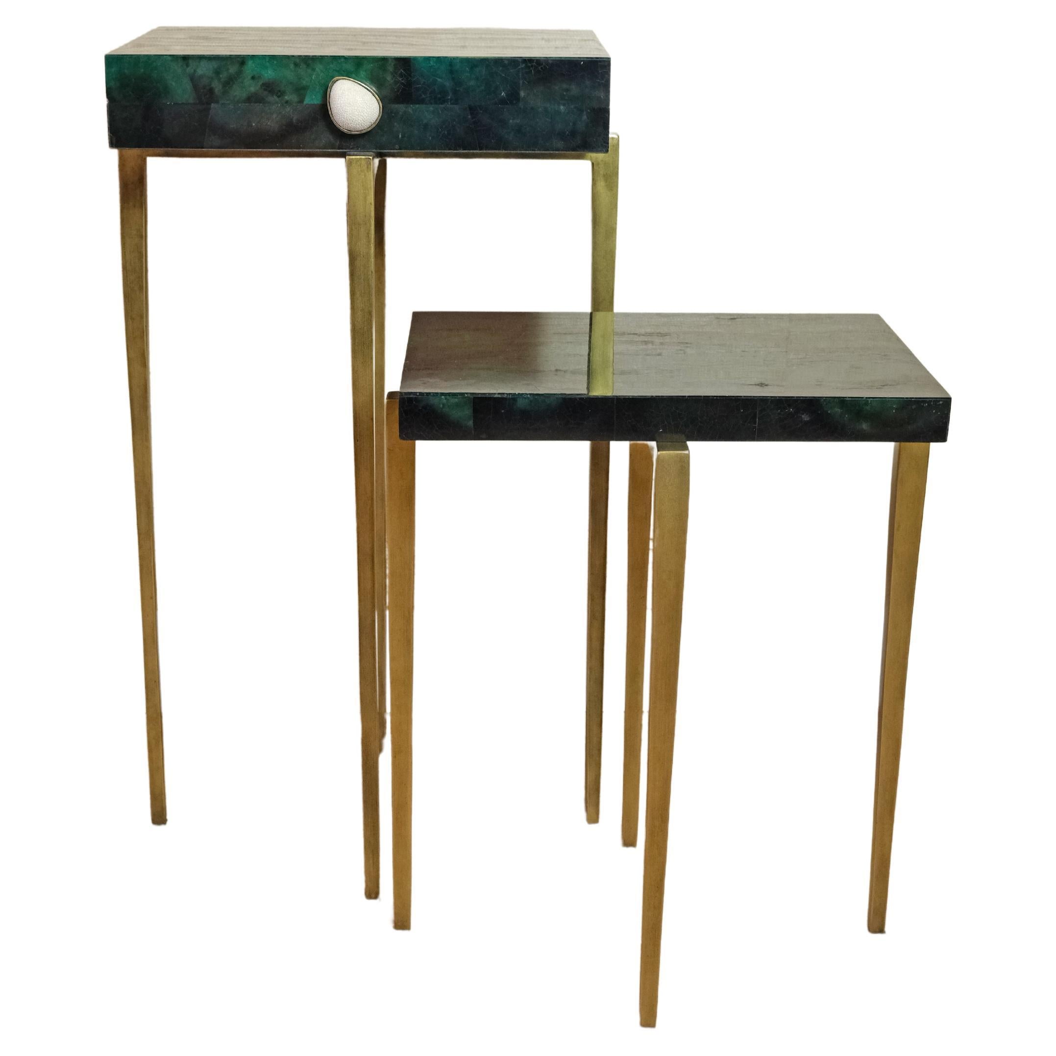 Set of 2 tables in Green Marquetry by Ginger Brown For Sale