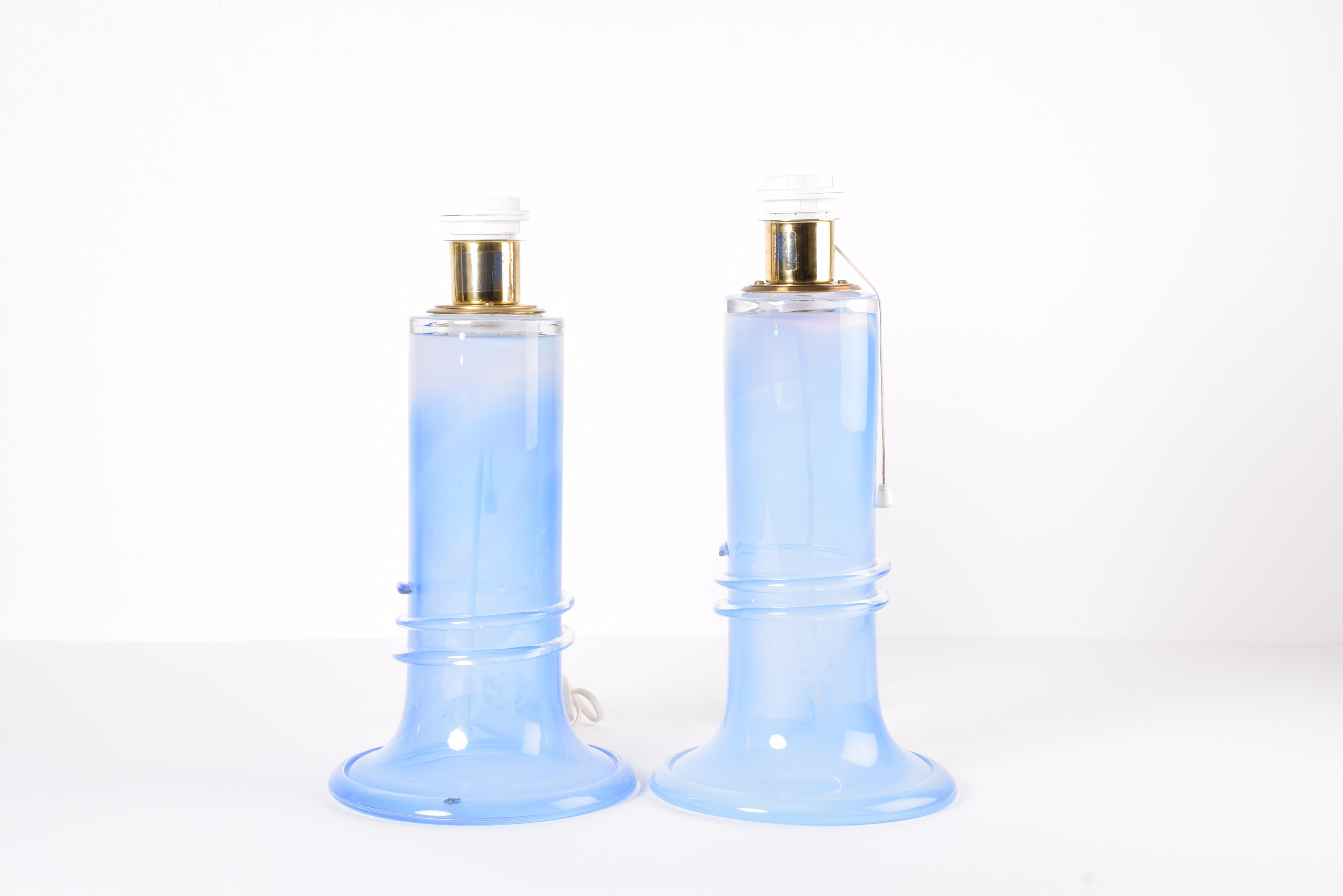 Mid-Century Modern Set of 2 Tall Blue Glass Table Lamps by Studio Åhus Atelje Lyktan Sweden 1980s