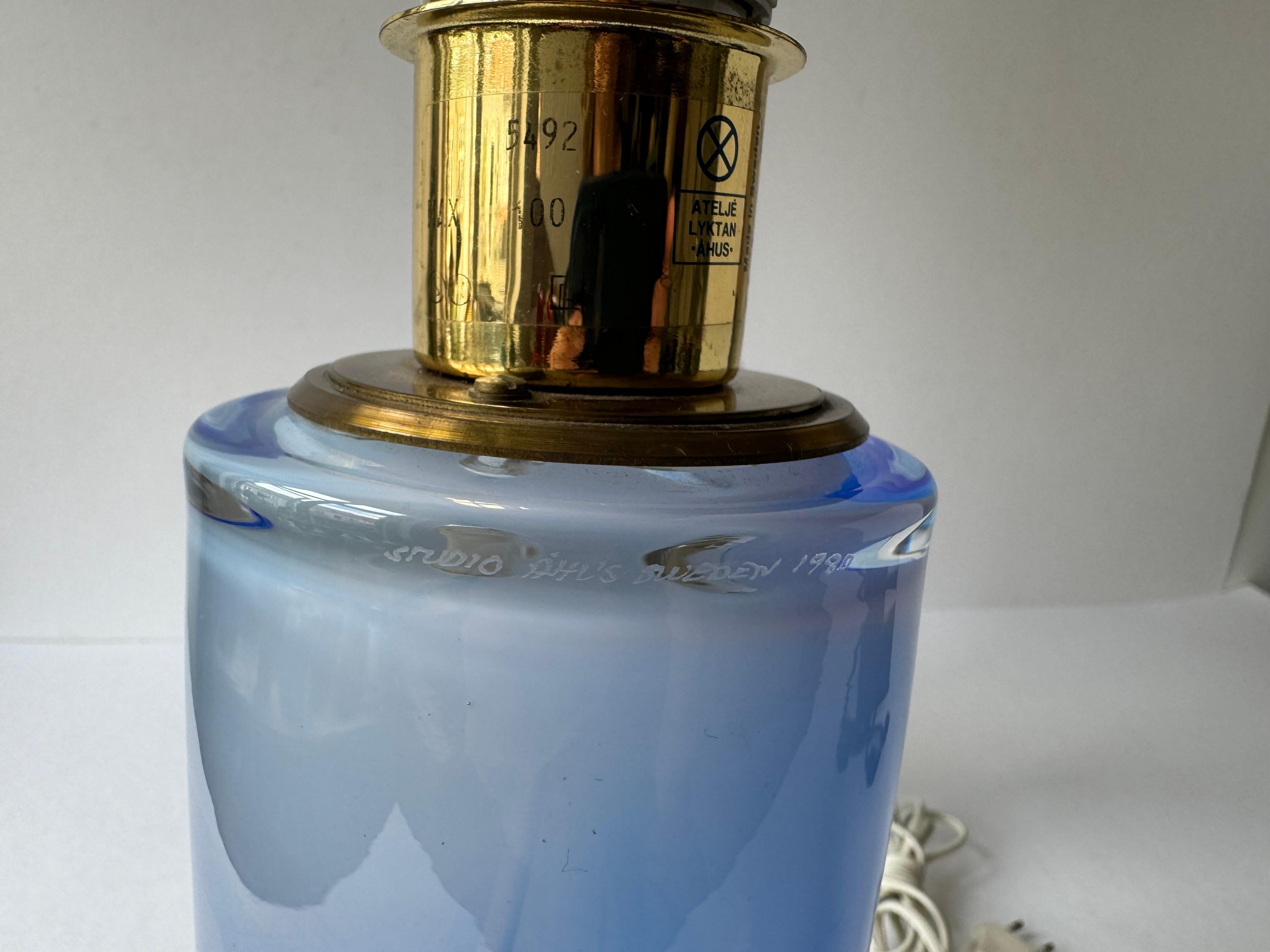 Brass Set of 2 Tall Blue Glass Table Lamps by Studio Åhus Atelje Lyktan Sweden 1980s