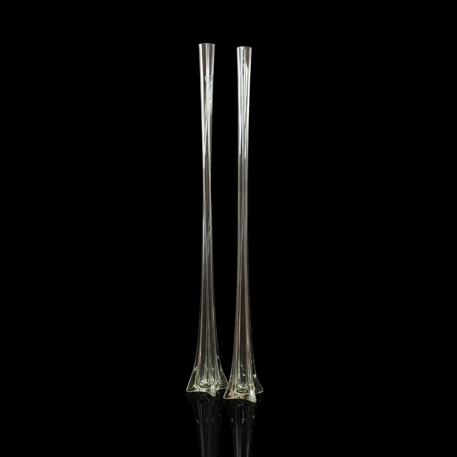 Mid-Century Modern Set of 2, Tall, Vintage Flower Vases, French, Glass, Gladioli, Iris, Centrepiece For Sale