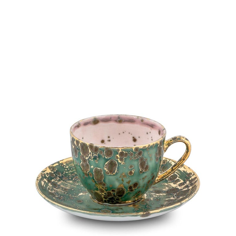 Set Of 2 Tea Cups And Saucer Gold Hand Painted 10cl Coralla Maiuri