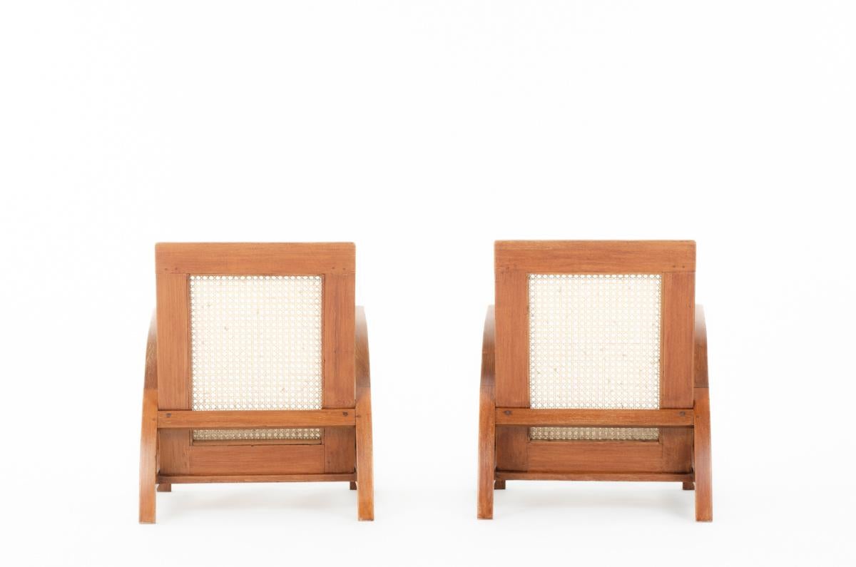 Set of 2 Teak and Caned Armchairs, 1950 In Good Condition In JASSANS-RIOTTIER, FR