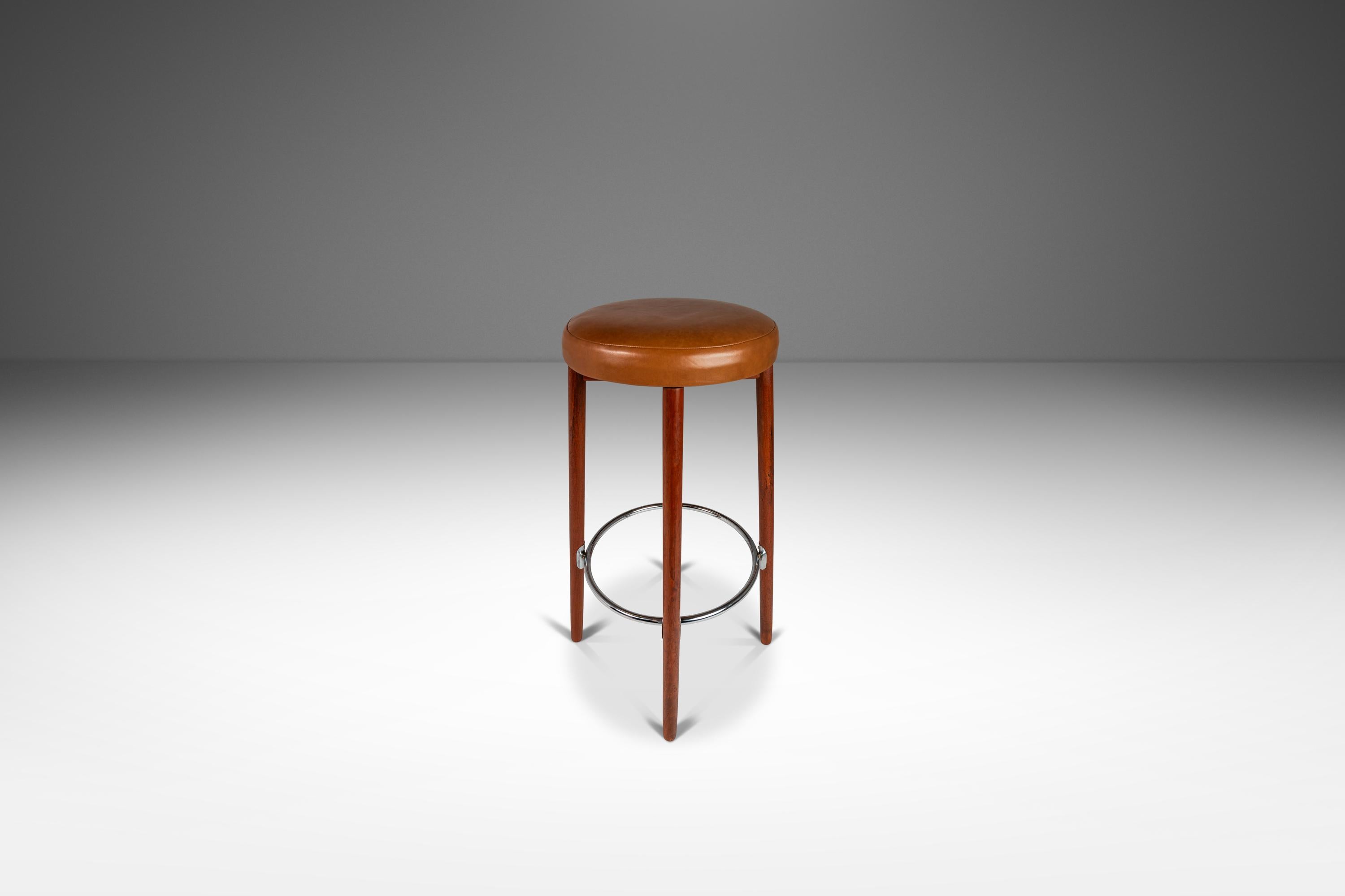 Mid-Century Modern Set of 2 Teak & Leather Barstools by Hugo Frandsen for Spøttrup, Denmark, 1960's