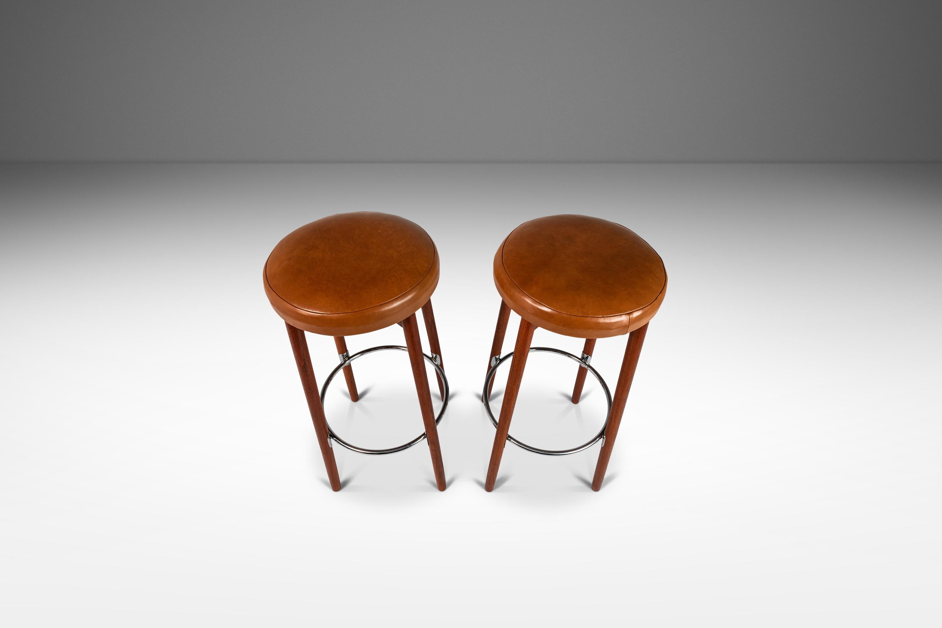 Mid-20th Century Set of 2 Teak & Leather Barstools by Hugo Frandsen for Spøttrup, Denmark, 1960's