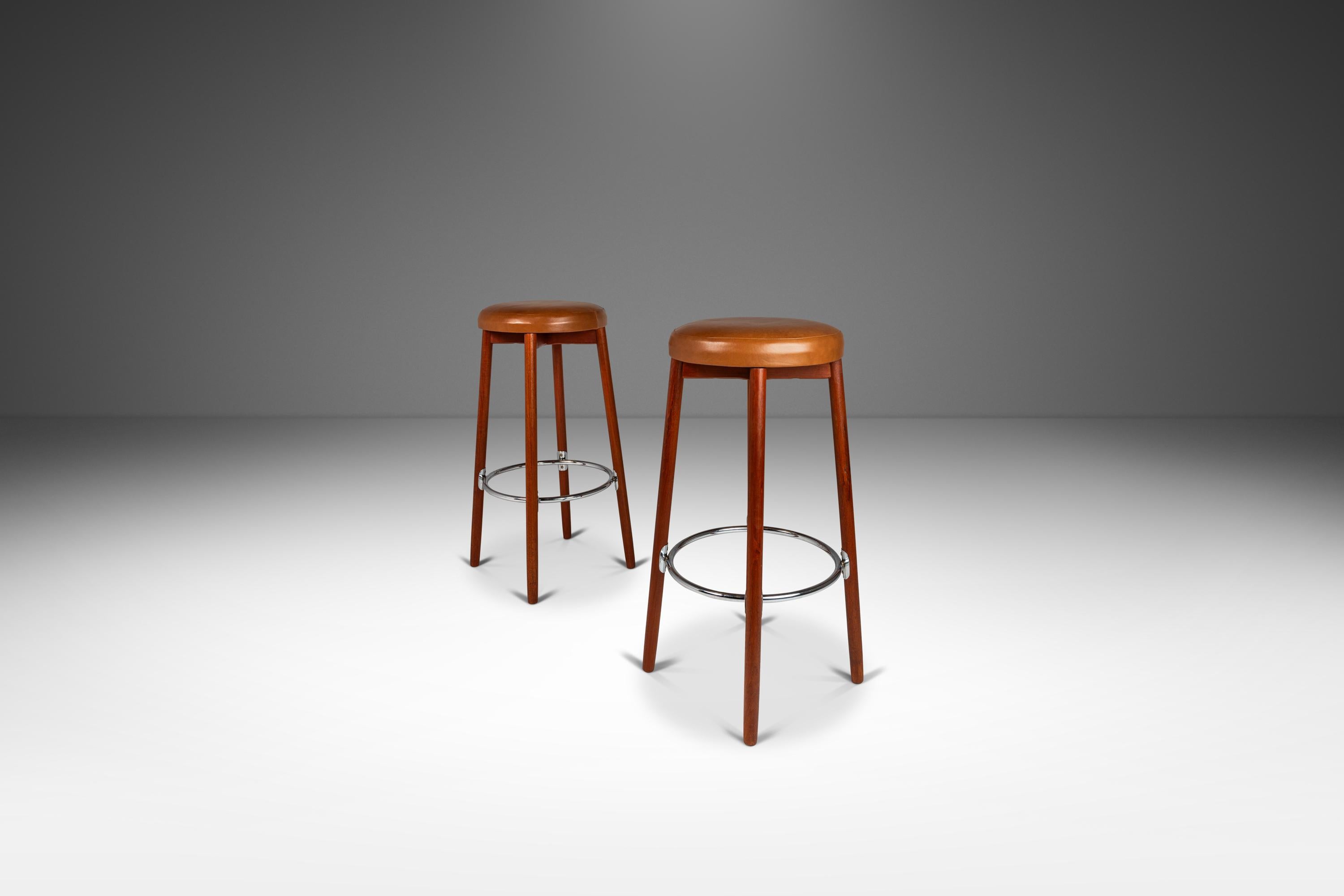 Set of 2 Teak & Leather Barstools by Hugo Frandsen for Spøttrup, Denmark, 1960's 1