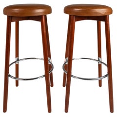 Vintage Set of 2 Teak & Leather Barstools by Hugo Frandsen for Spøttrup, Denmark, 1960's