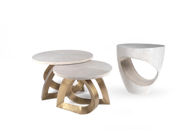 Set of 2 Teardrop Nesting Coffee Tables, Cream Shagreen and Brass by ...