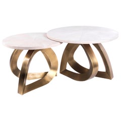 Set of 2 Teardrop Nesting Coffee Tables, Cream Shagreen and Brass by Kifu Paris