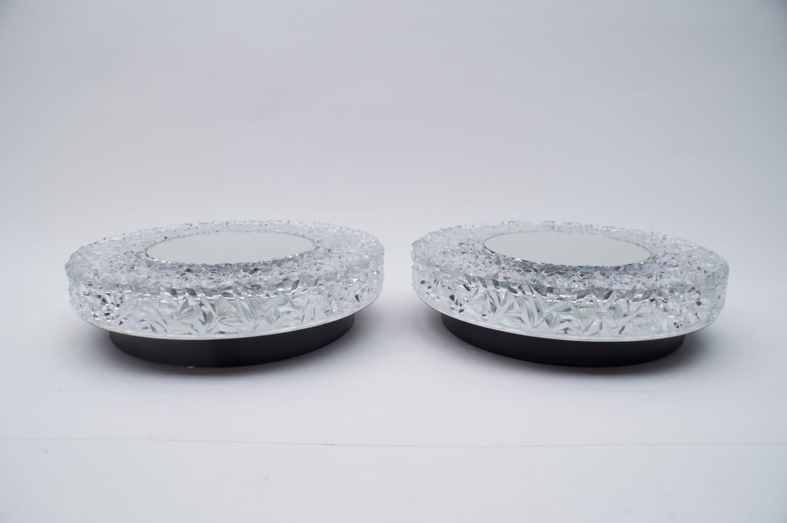 Hollywood Regency Set of 2 Textured Glass and Mirror Ceiling Wall Flushmounts, Hillebrand, 1960s For Sale