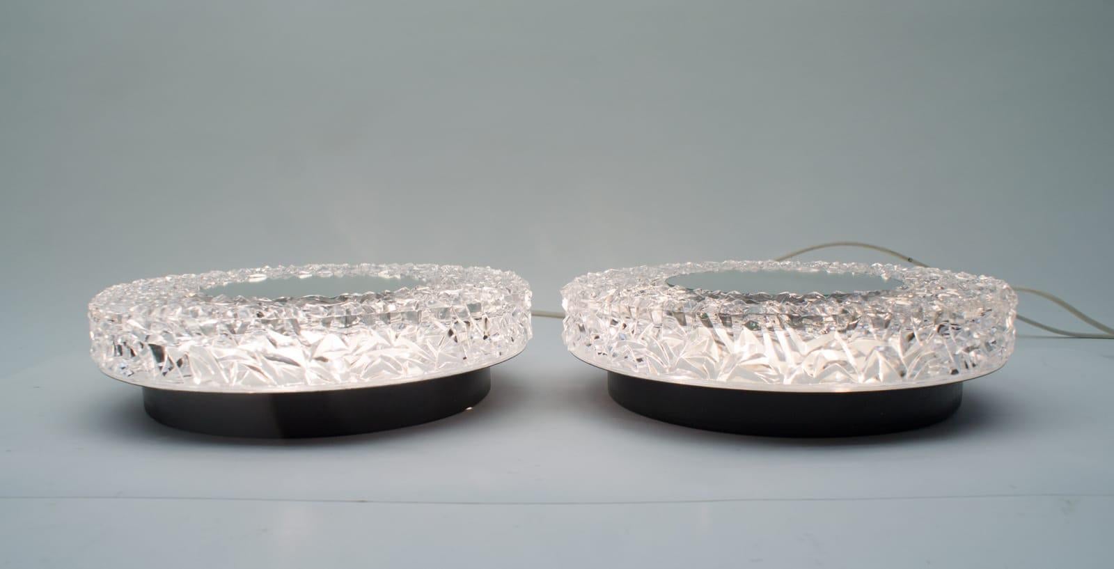 German Set of 2 Textured Glass and Mirror Ceiling Wall Flushmounts, Hillebrand, 1960s For Sale