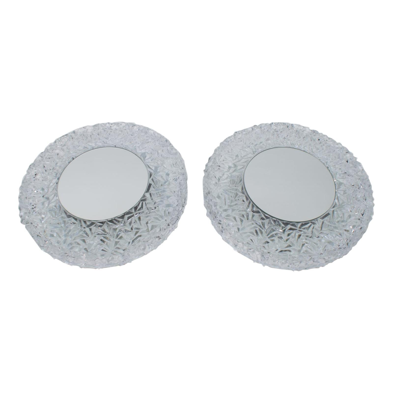 Set of 2 Textured Glass and Mirror Ceiling Wall Flushmounts, Hillebrand, 1960s