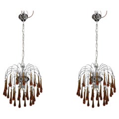 Set of 2 The Amber Crown, Murano Chandelier Amber and Crystal Drops, 1970s