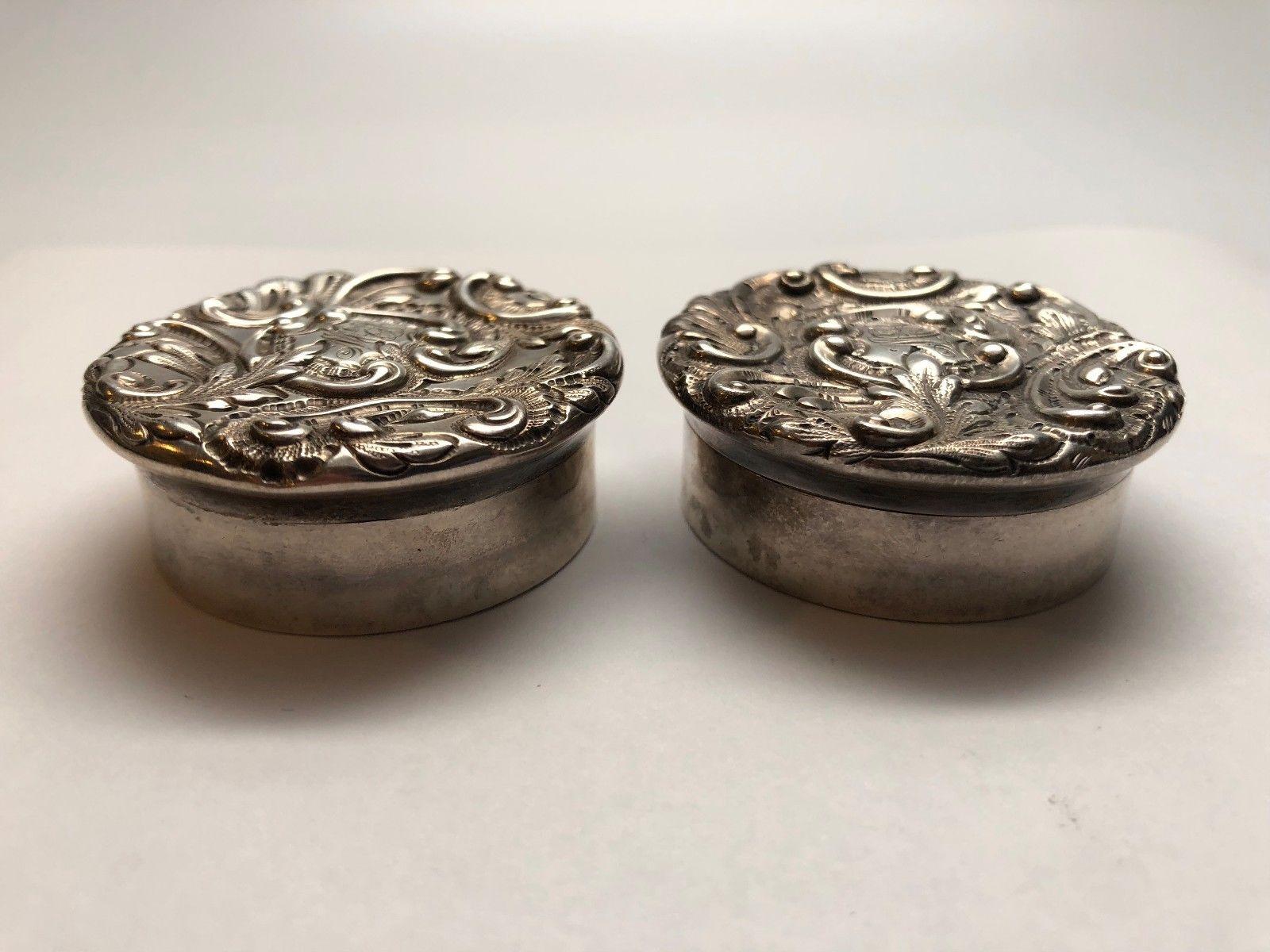 19th Century Set of 2 Theodore B Starr Sterling Silver Round Repoussé Pill Boxes Monogram MEH