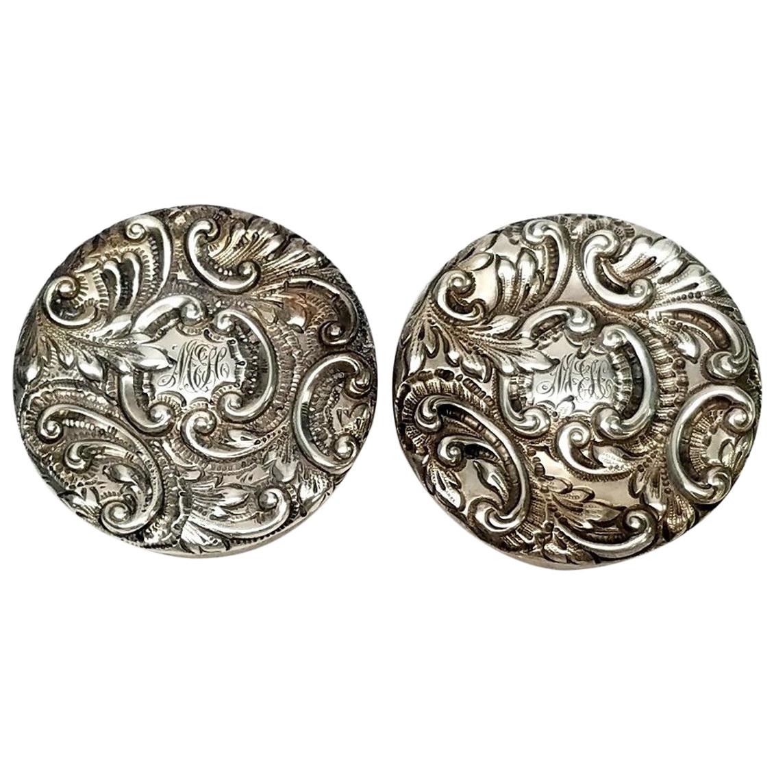Set of 2 Theodore B Starr Sterling Silver Round Repoussé Pill Boxes Monogram MEH