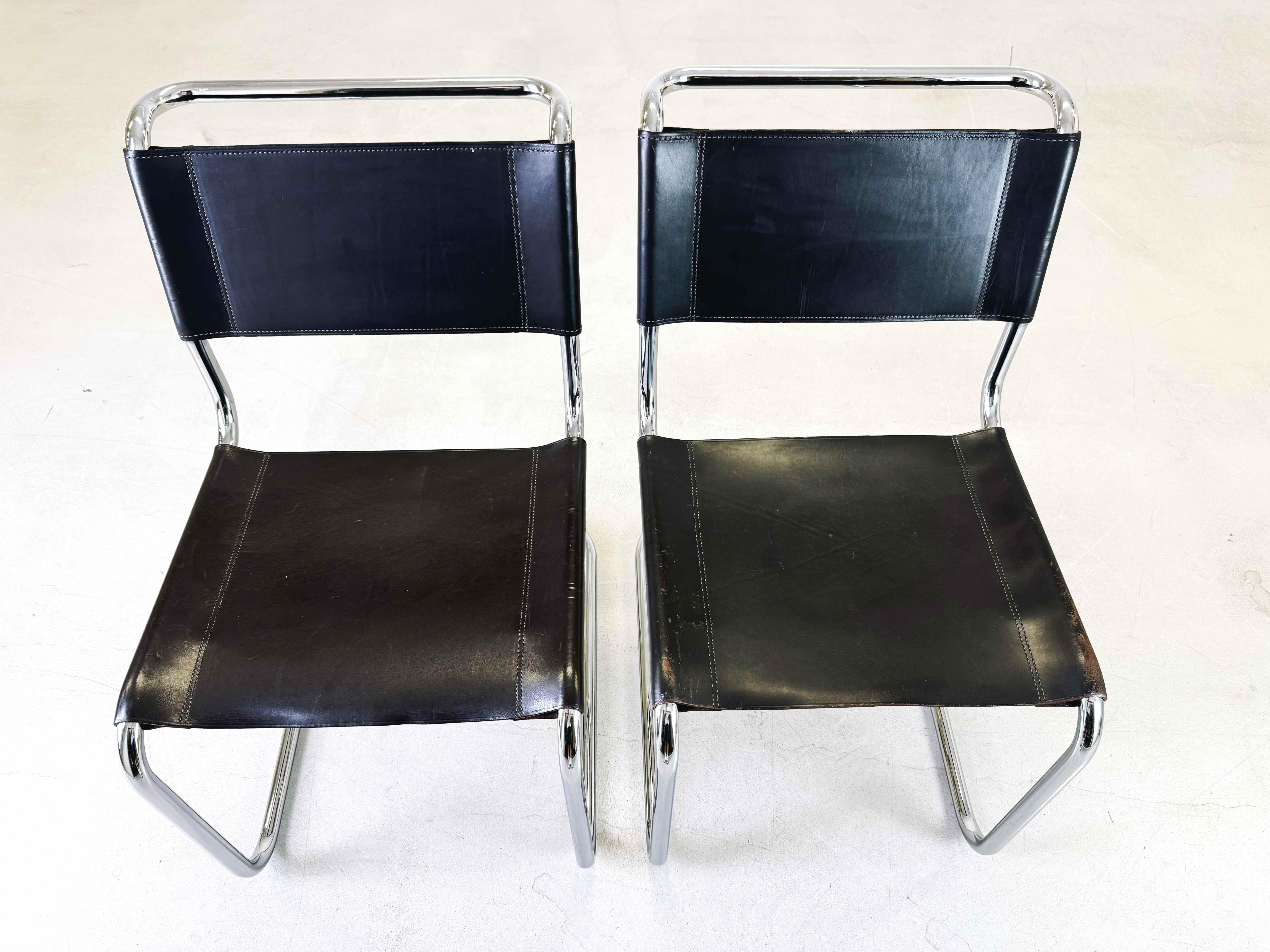 Set of 2 Thonet S33 Mid Century chairs Mart Stam core leather 1970s 5
