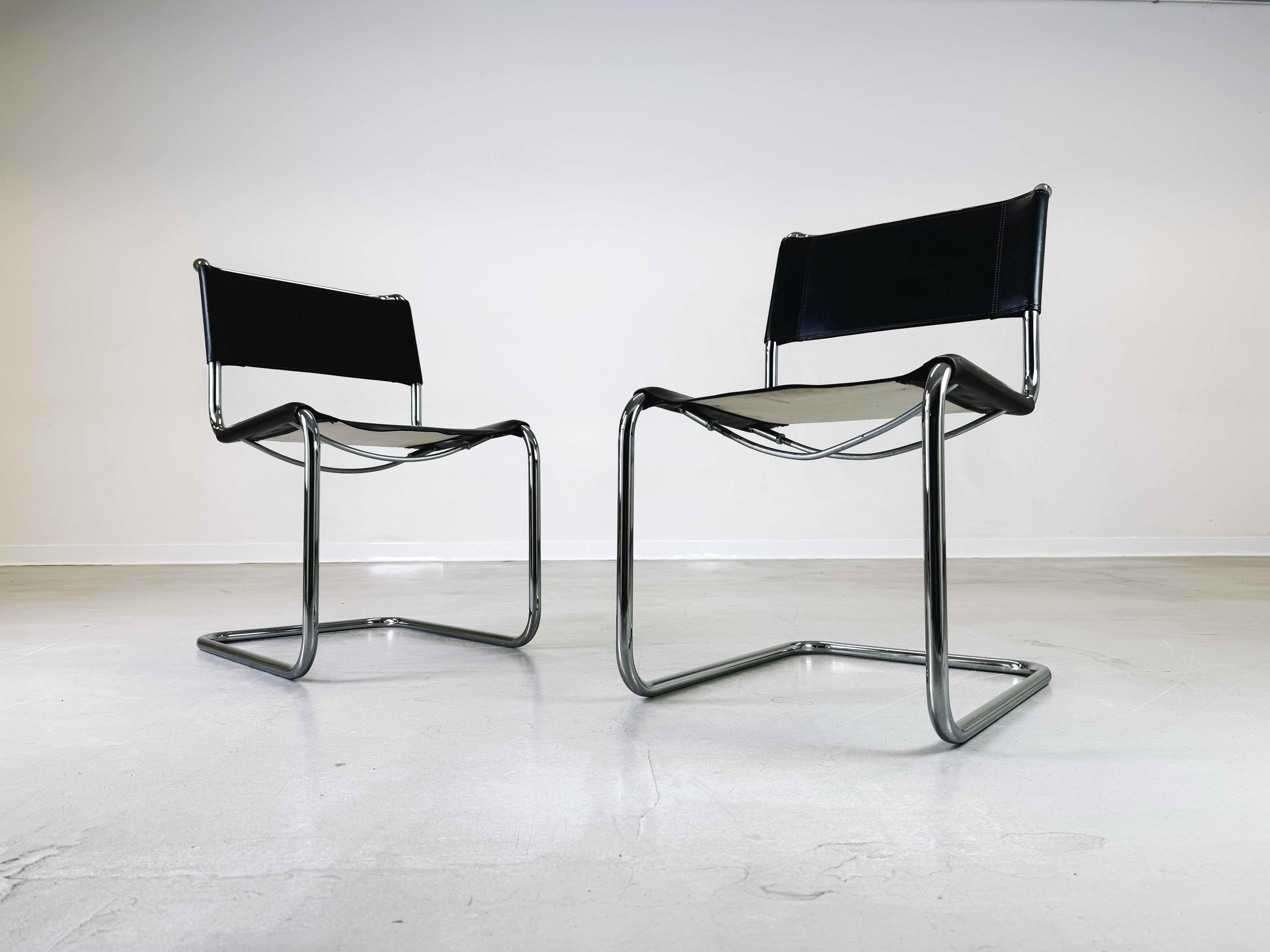 We are offering two beautiful Thonet S33 Mid Century chairs by Mart Stam for sale. The design was created by Mart Stam, one of the most important Dutch architects and designers of the 20th century and is still very popular today. The leather has a