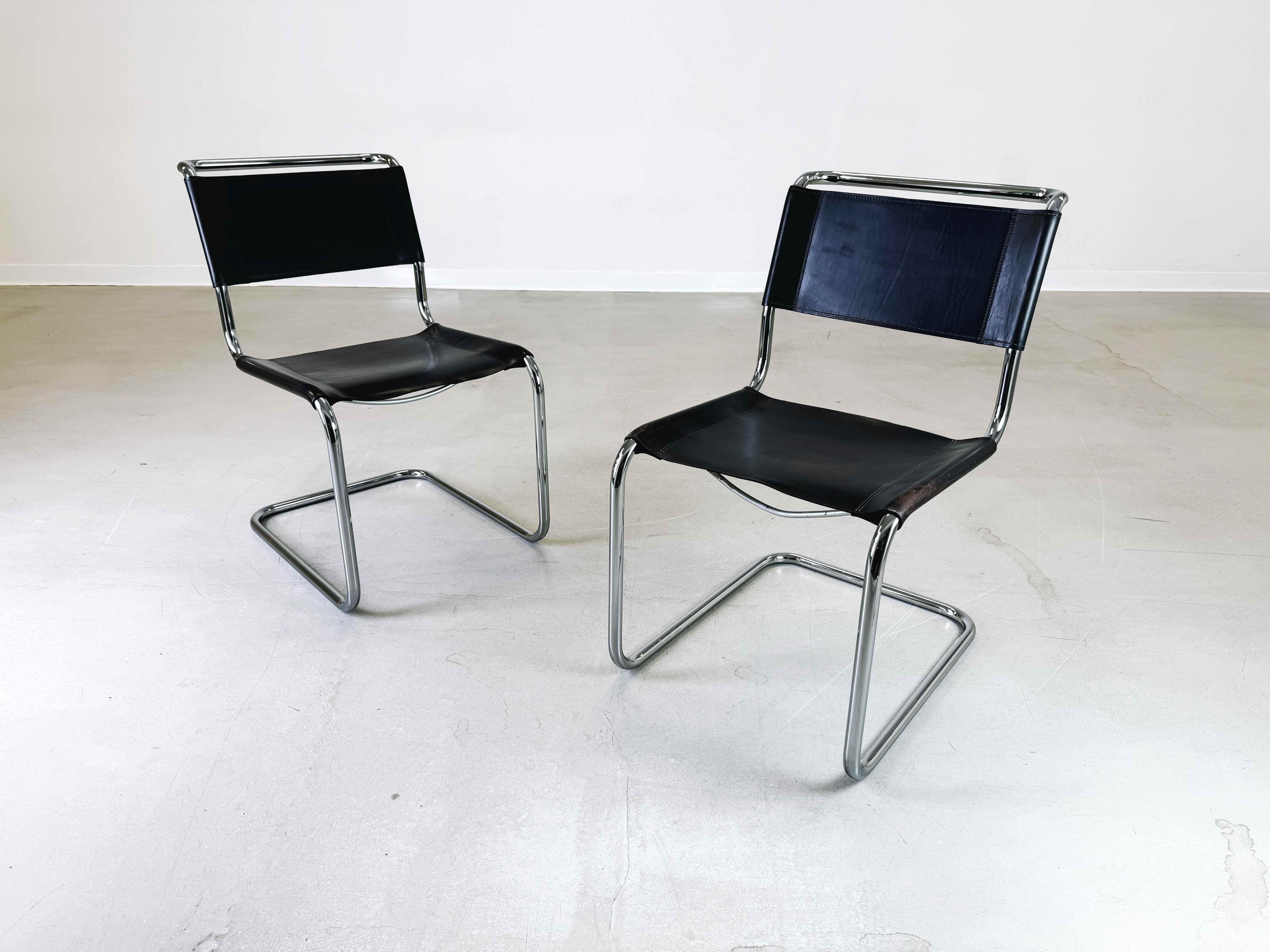 German Set of 2 Thonet S33 Mid Century chairs Mart Stam core leather 1970s