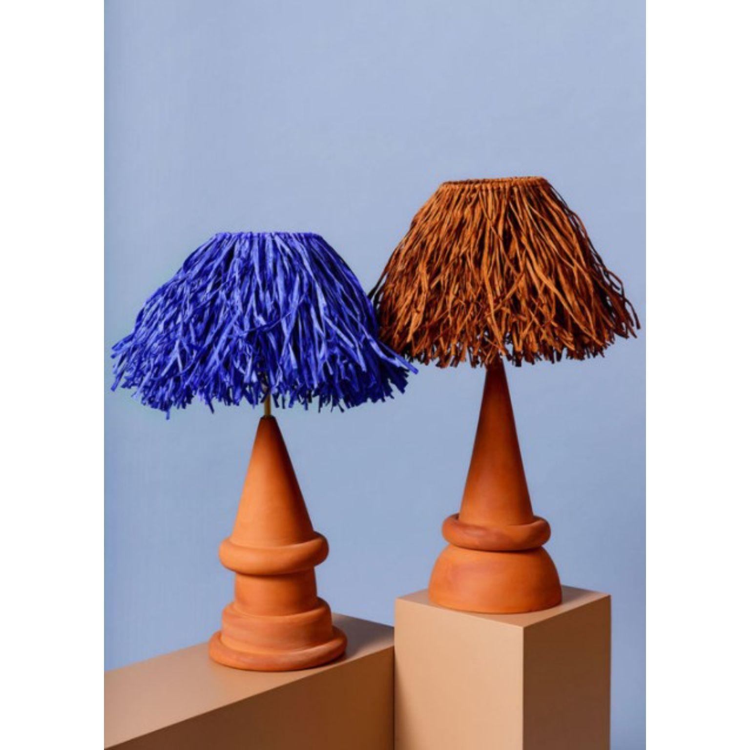Set of 2 Tiki lamps by Tero Kuitunen
Material: slip cast terracotta, hand knot paper
shade, brass and textile cable. 
Dimensions: D30 x H55 cm
Edition of 3
Also Available in colours: Blue, White,Brown.

All our lamps can be wired according to