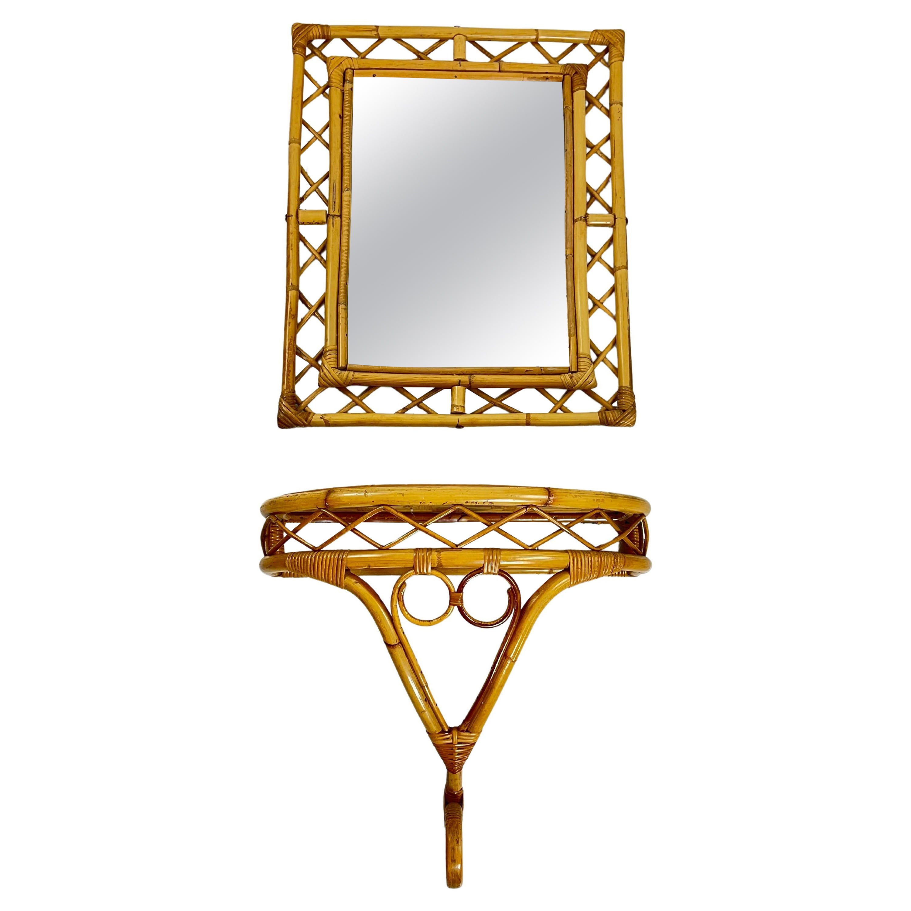 Set of 2 Tito Agnoli Mid-Century Bamboo Mirror and Console 1960s For Sale