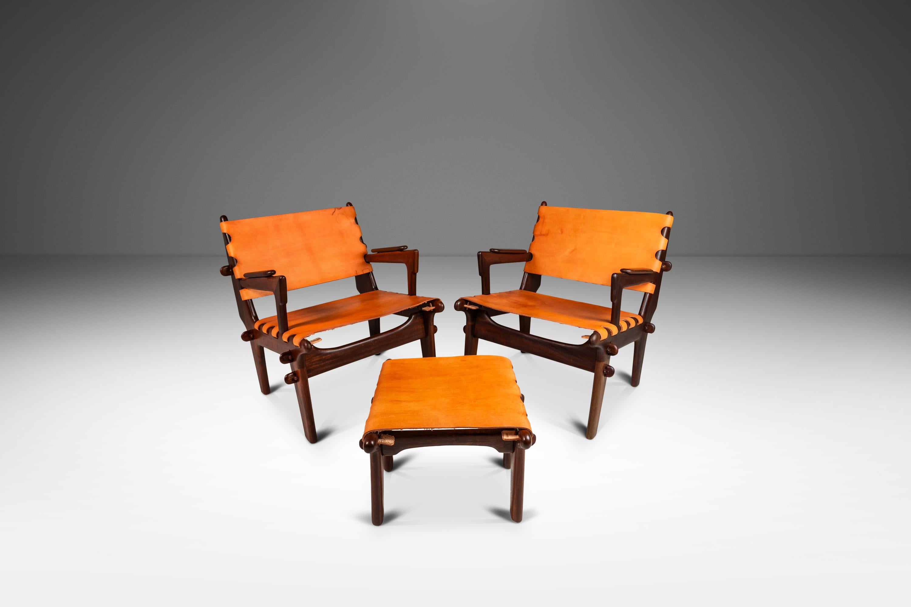 Ecuadorean Set of 2 Tooled Leather Sling Lounge Chairs by Angel Pazmi, Ecuador, c. 1960's For Sale