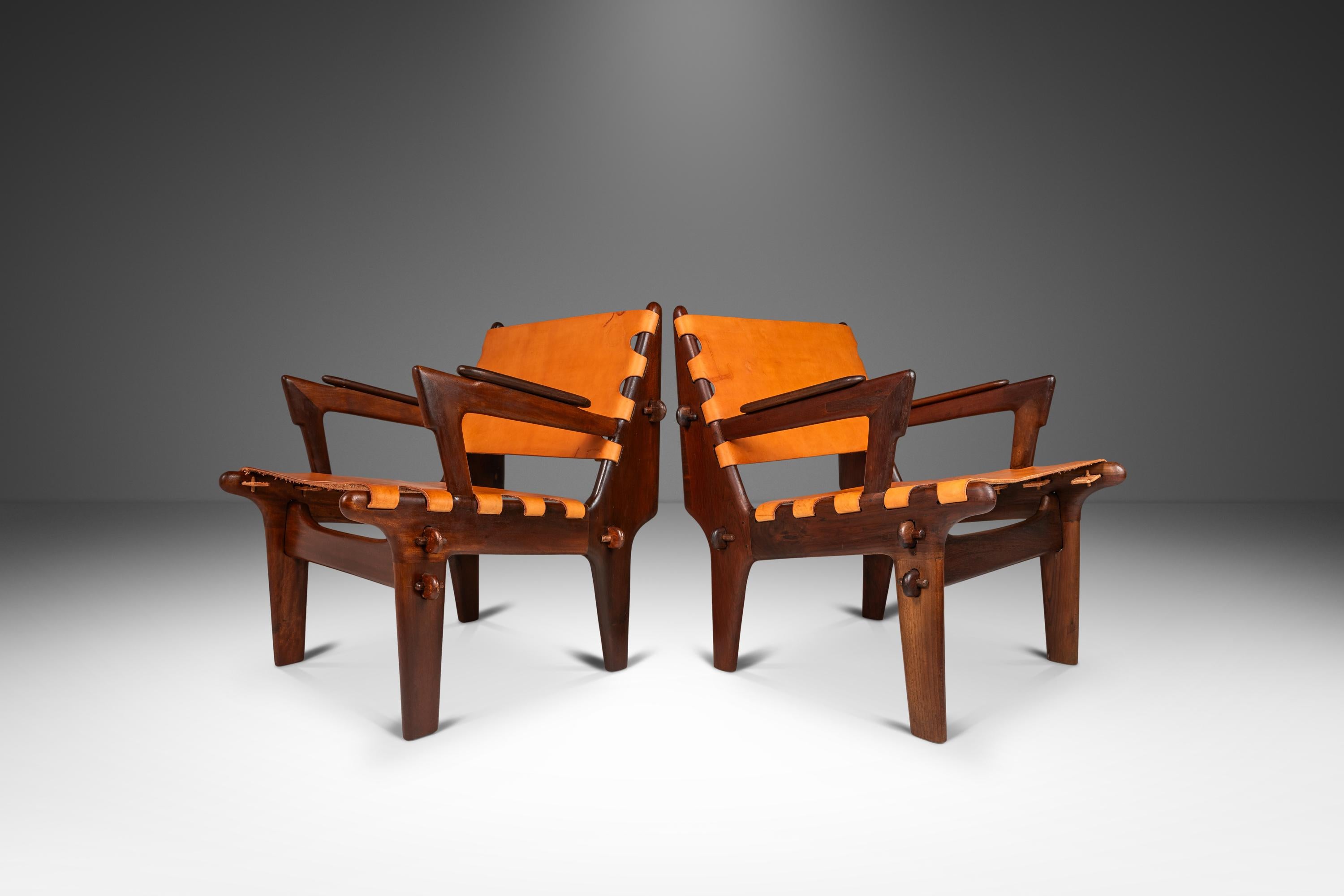Ecuadorean Set of 2 Tooled Leather Sling Lounge Chairs by Angel Pazmino, Ecuador, c. 1960's For Sale