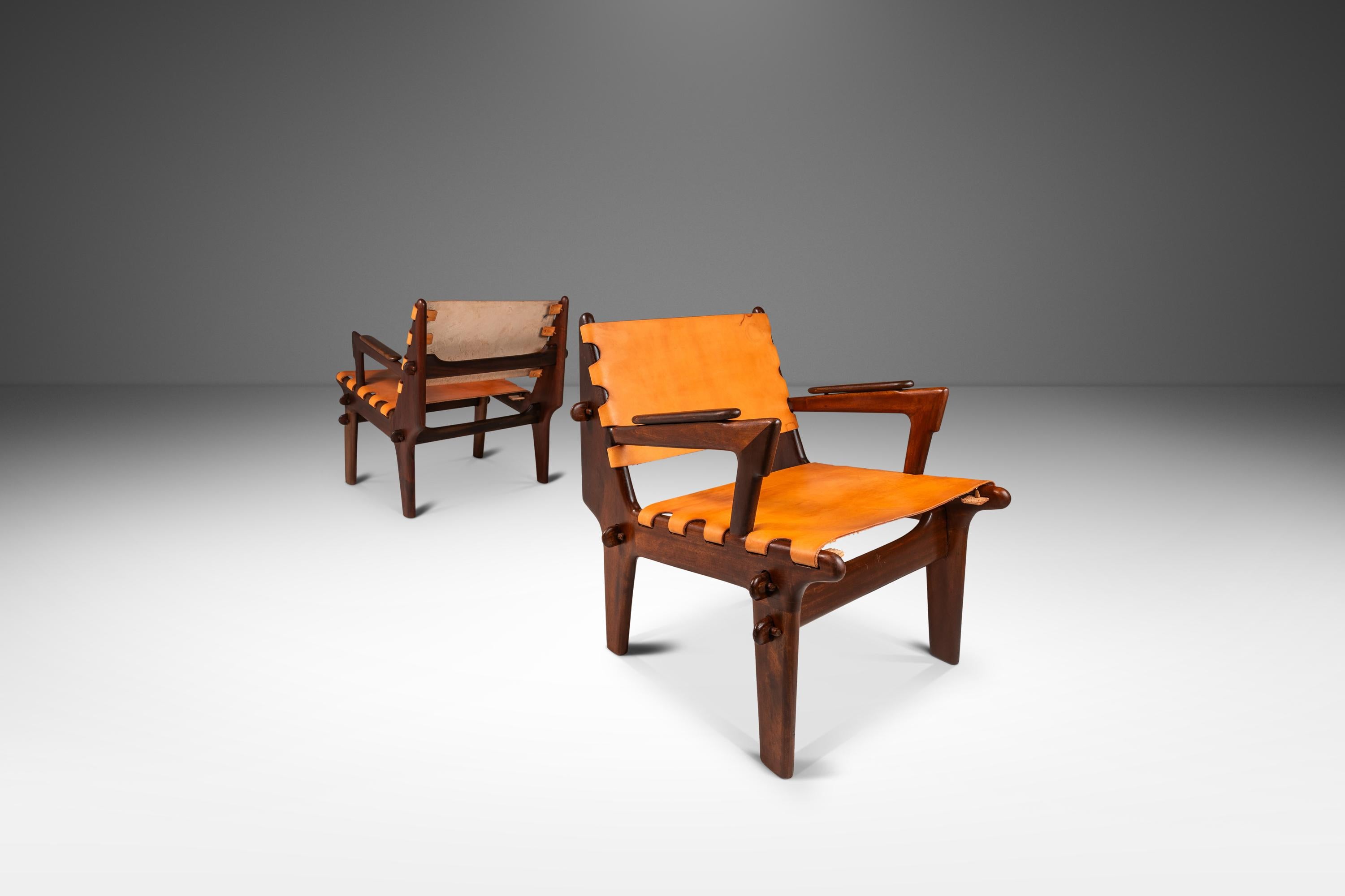Mid-20th Century Set of 2 Tooled Leather Sling Lounge Chairs by Angel Pazmino, Ecuador, c. 1960's For Sale