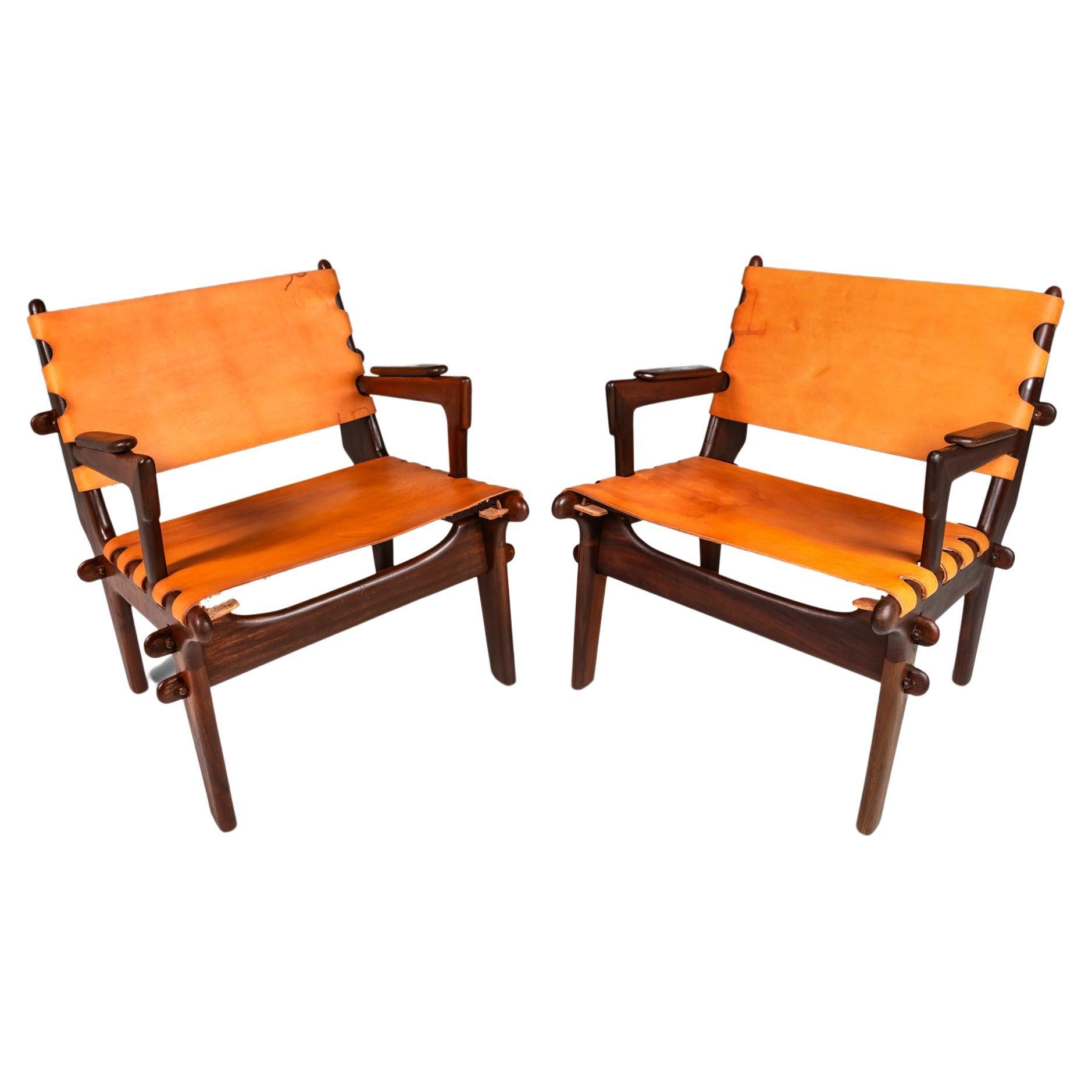 Set of 2 Tooled Leather Sling Lounge Chairs by Angel Pazmino, Ecuador, c. 1960's For Sale
