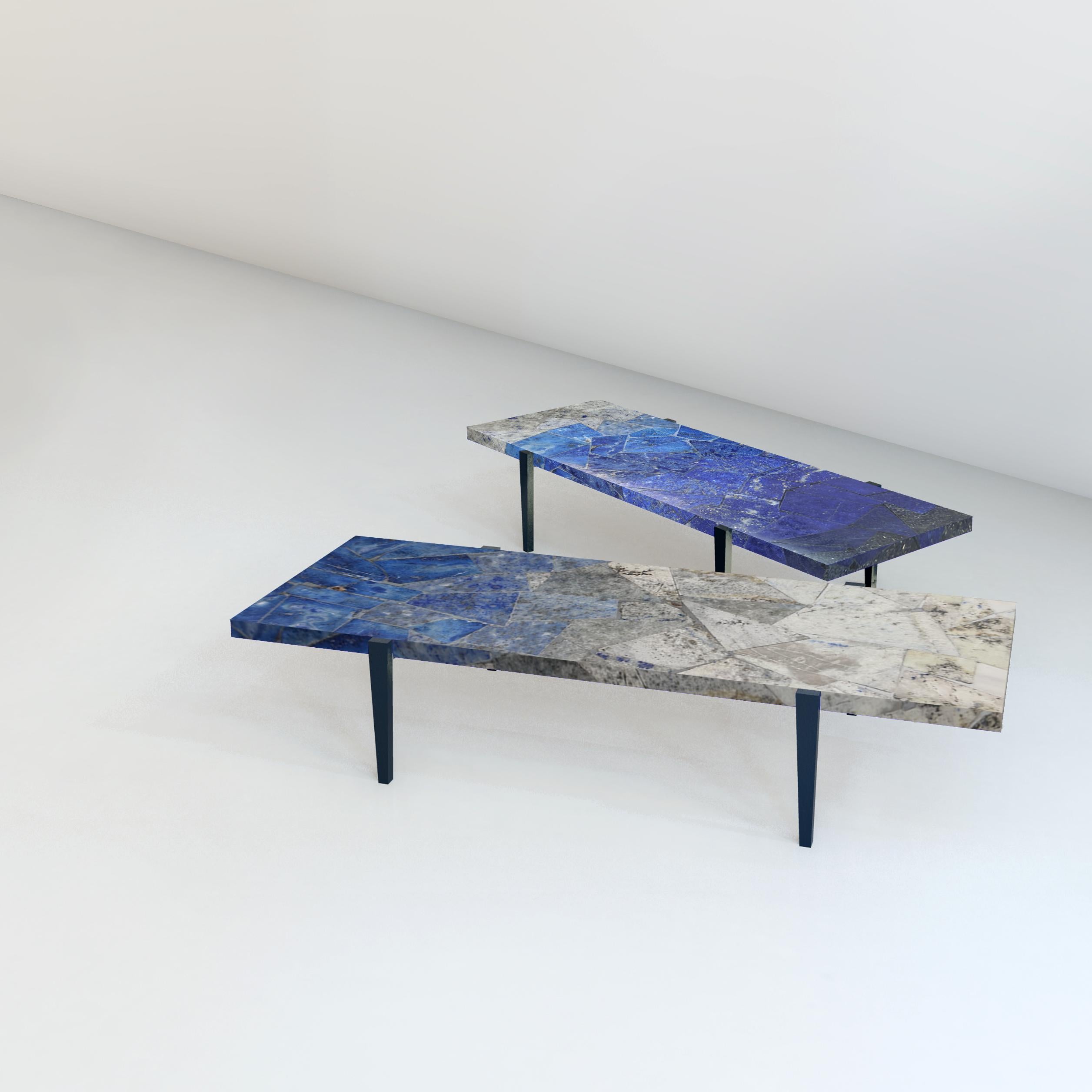 Set of 2, Topaa'nga I and II tables by Studio Lel
Dimensions: W 183 x D 61 x H 35.5 cm
Materials: Lapis Lazuli, granite, metal

These are handmade from semiprecious stone and marble in a small artisanal workshop. Please note that variations and