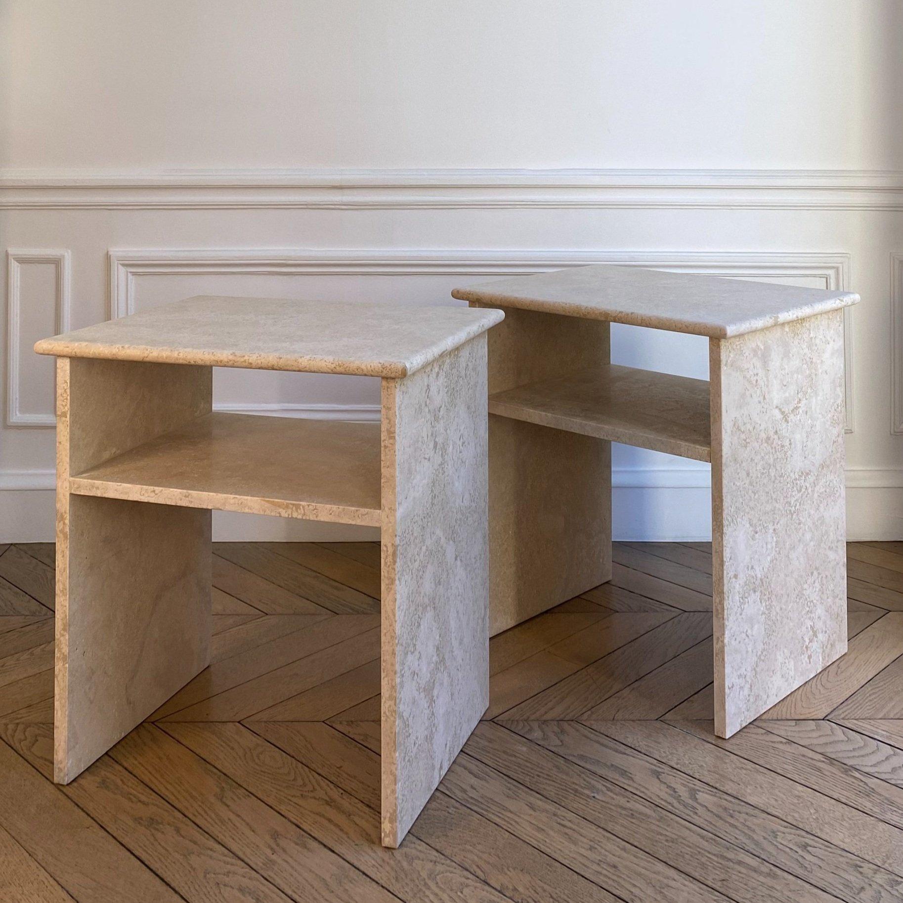 Set Of 2 Travertino Al Verso Bedside Tables by ALMARMO
Dimensions: D 40 x W 50 x H 55 cm. 
Materials: Travertino Al Verso marble.

Sold as a pair. Honed natural matte finish. Please contact us.

Featuring considered dimensions and a shelf for added