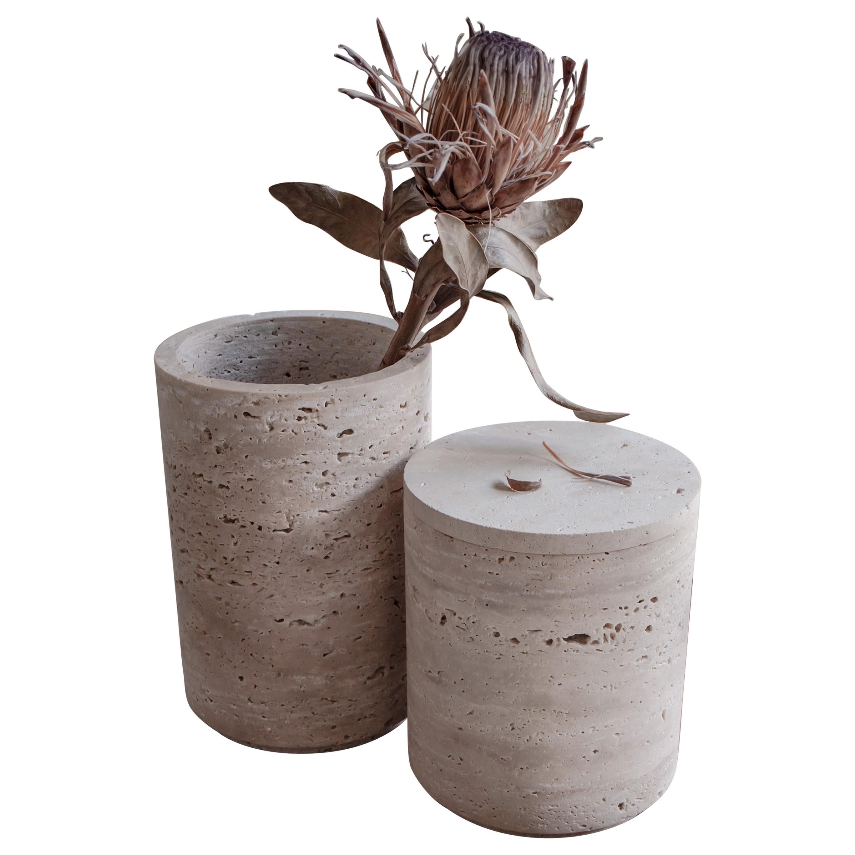 Set of 2 Travertino Light Vases For Sale