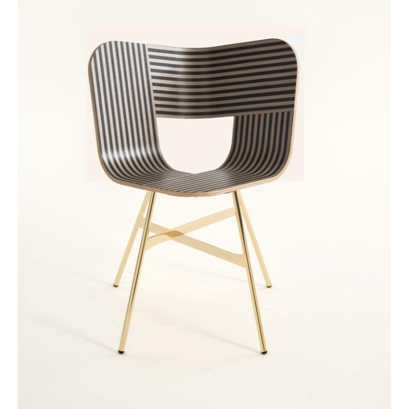 Set of 2, Tria gold 4 legs chair, striped seat ivory and black by Colé Italia with Lorenz & Kaz (2019)
Dimensions: H 82.5, D 52, W 61 cm
Materials: plywood chair with 4 metal legs in 3 possible finishing: black, golden, chrome.

Also available: