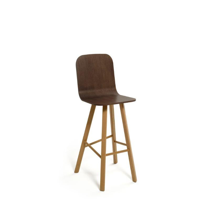 Set of 2, Tria Stool, High Back, Canaletto walnut, natural oak legs by Colé Italia with Lorenz & Kaz 
Dimensions: H.seat 67/77 (H.105/115) x D.52 x W.48 cm
Materials: Canaletto Walnut, plywood stool with high back, solid oak wood 4 legs

Also